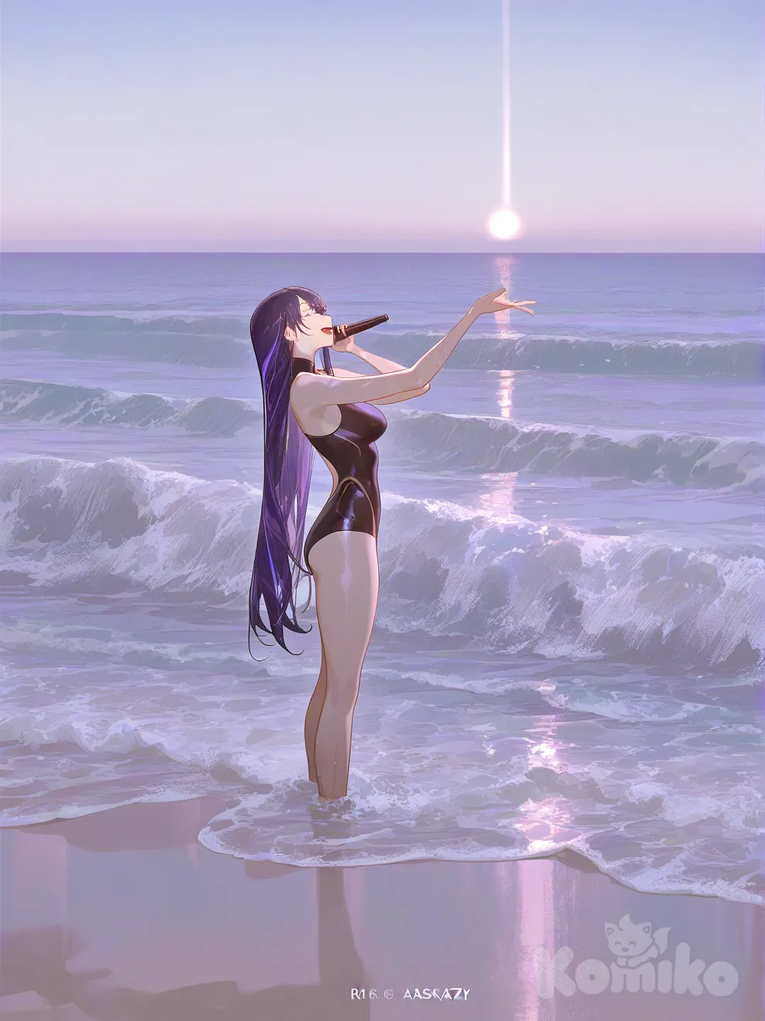 Raiden Shogun esta en la playa mojandose y usa traje de baño ajustado , smile, singing, ultra-wide shot, ambient light, day, [dazzling-illustration-style]