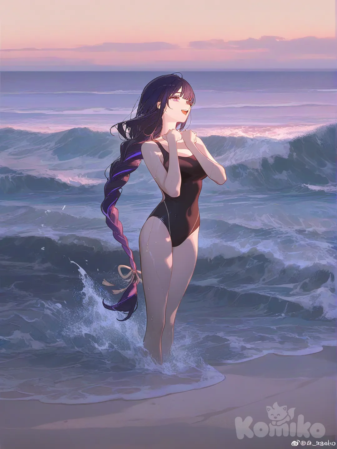 Raiden Shogun esta en la playa mojandose y usa traje de baño ajustado , smile, singing, ultra-wide shot, ambient light, day, [dazzling-illustration-style]