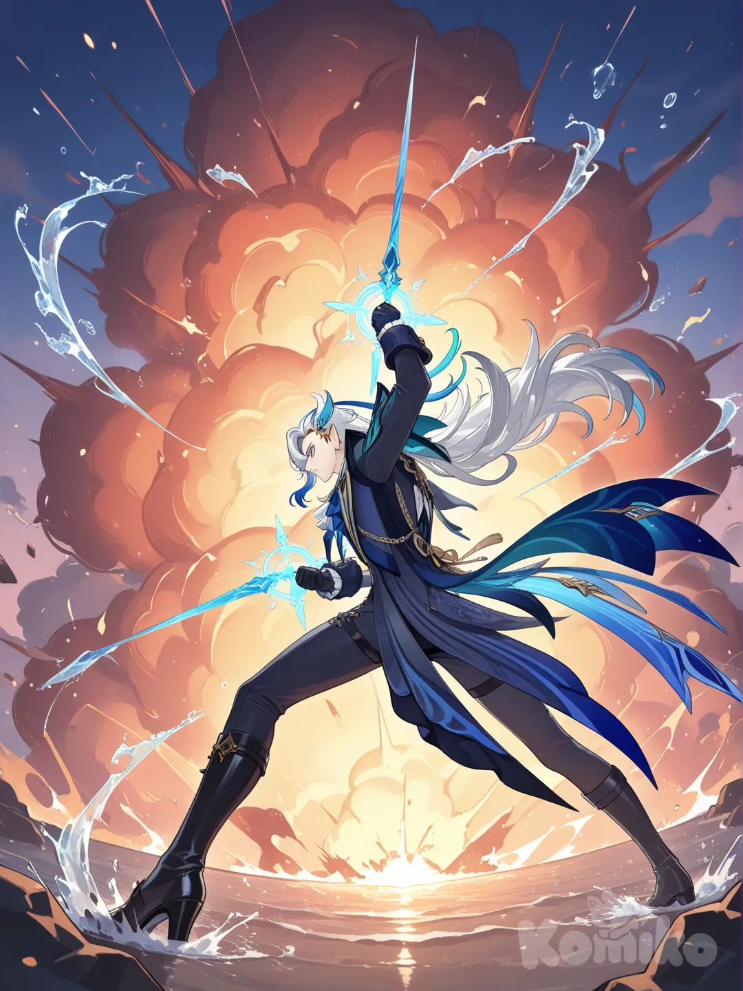 @Neuvillette_(Genshin_Impact), fight epic,exploushen,ultimate,combat, water,fier, @Diluc_(Genshin_Impact)