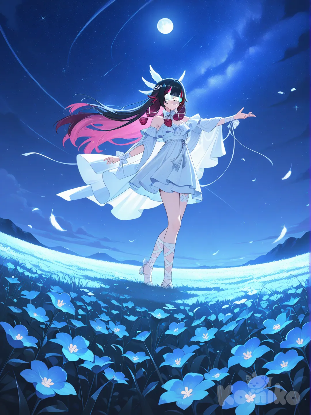 @Columbina_(Genshin_Impact), dancing, falling moon, closeup, night grassland, flower field