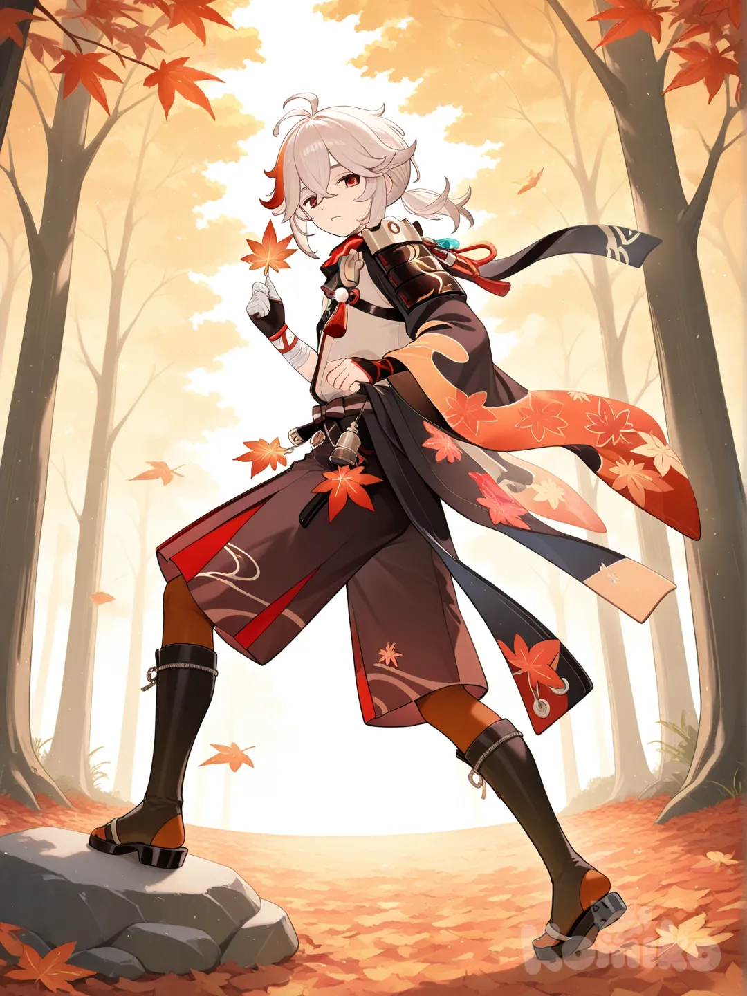 @Kaedehara_Kazuha , full body, leaves falling, forest, catch a leaf, looking back