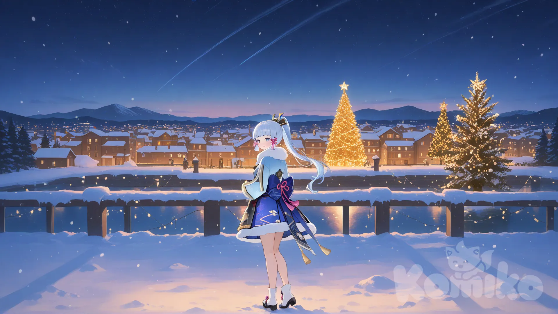 @Kamisato_Ayaka, looking back, blush, fur coat, full body, cityscape, christmas lights, christmas tree