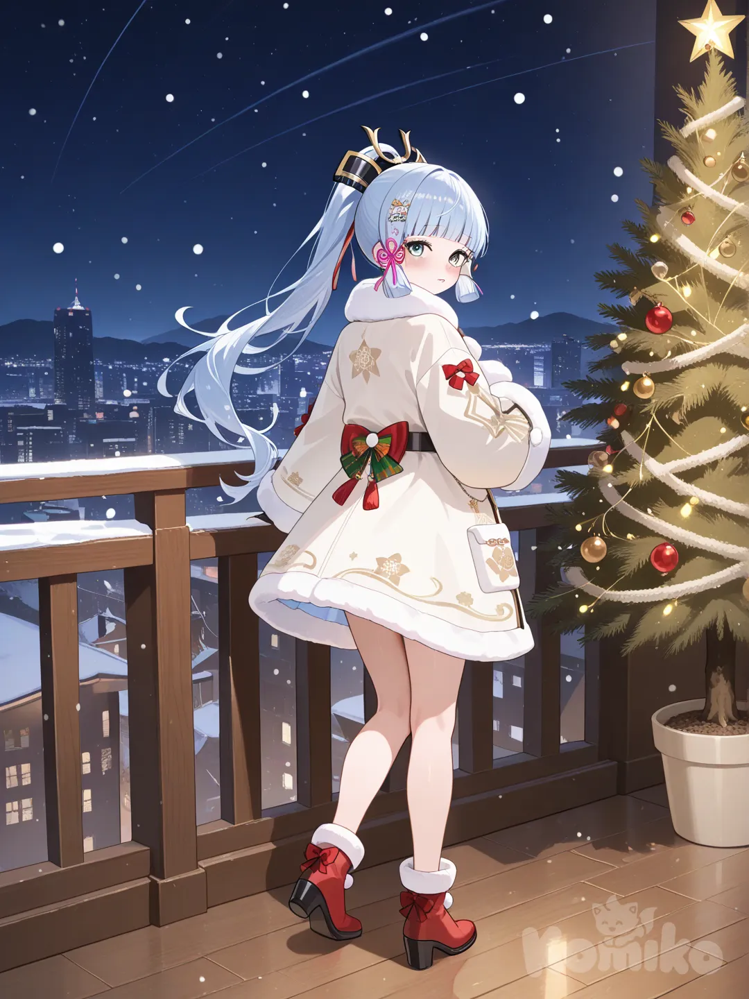 Kamisato Ayaka, looking back, blush, fur coat, full body, cityscape, christmas lights, christmas tree