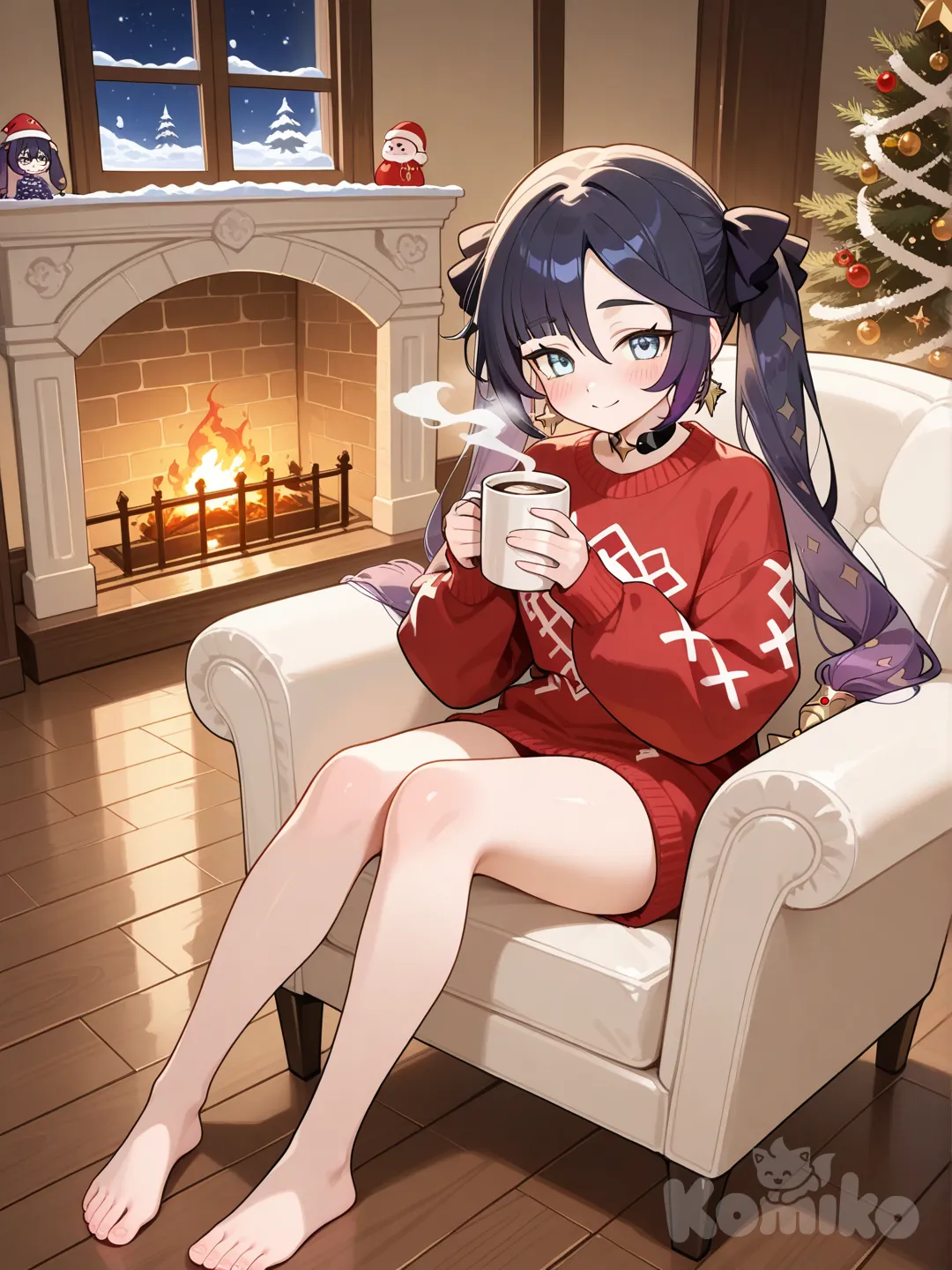 @Mona_(Genshin_Impact), blush, drink hot coffee, windows, snow, christmas, christmas tree, камин, full body, room, seat, smile, looking at viewer, sweater space image