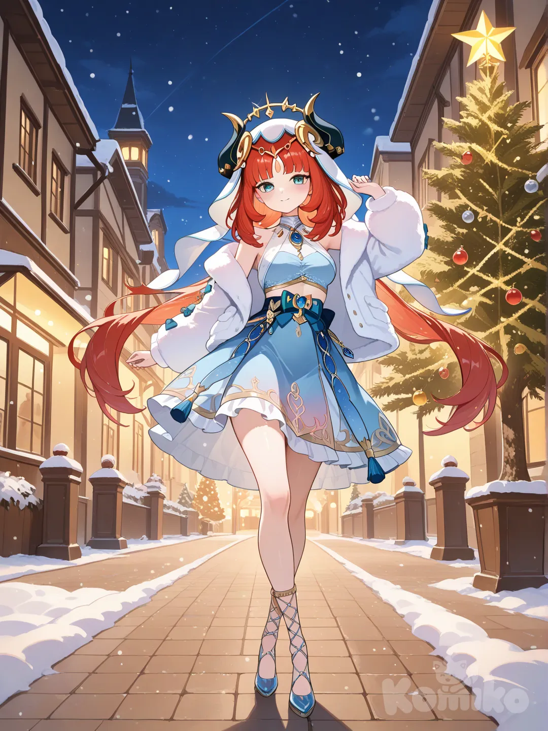 @Nilou_(Genshin_Impact)bblush, fur coat, full body, cityscape, christmas lights, christmas tree, dance