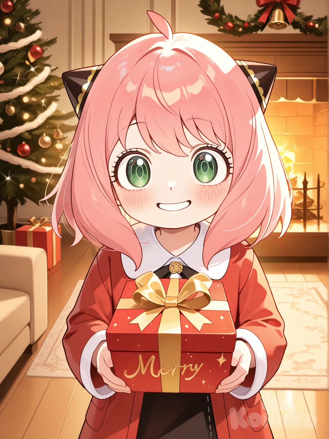 @Anya_(Spy_X_Family), blush, closeup,run with gifts,home, christmas tree, merry christmas