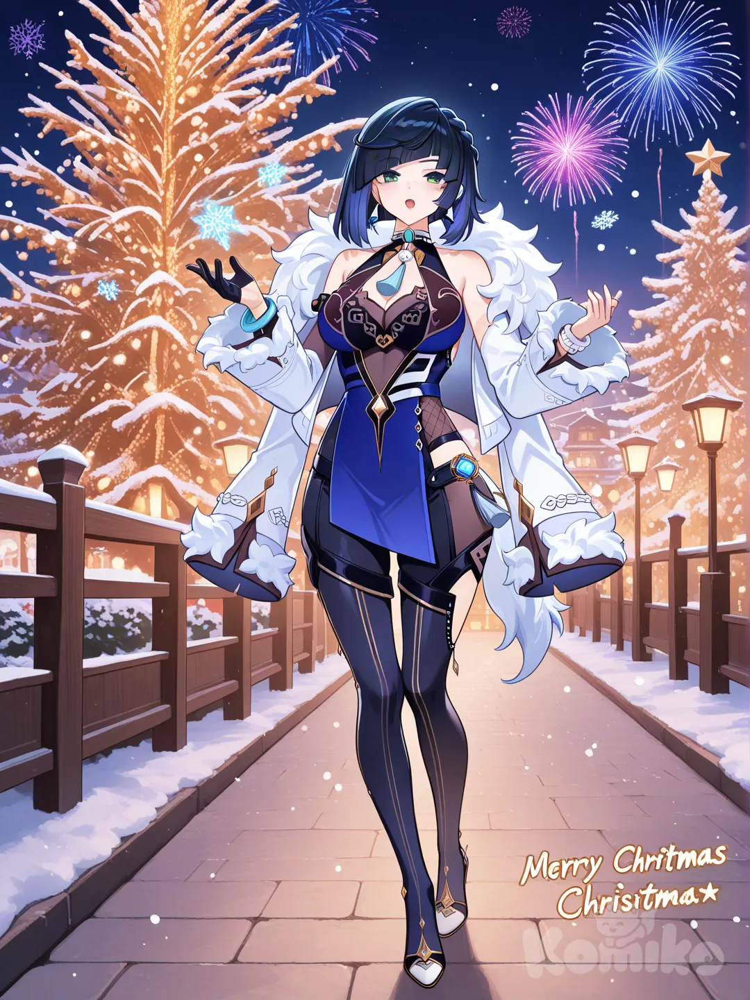 Yelan (Genshin Impact) fur coat, open mouth, blush, looking fireworks, christmas tree, merry christmas, falling snow, full body