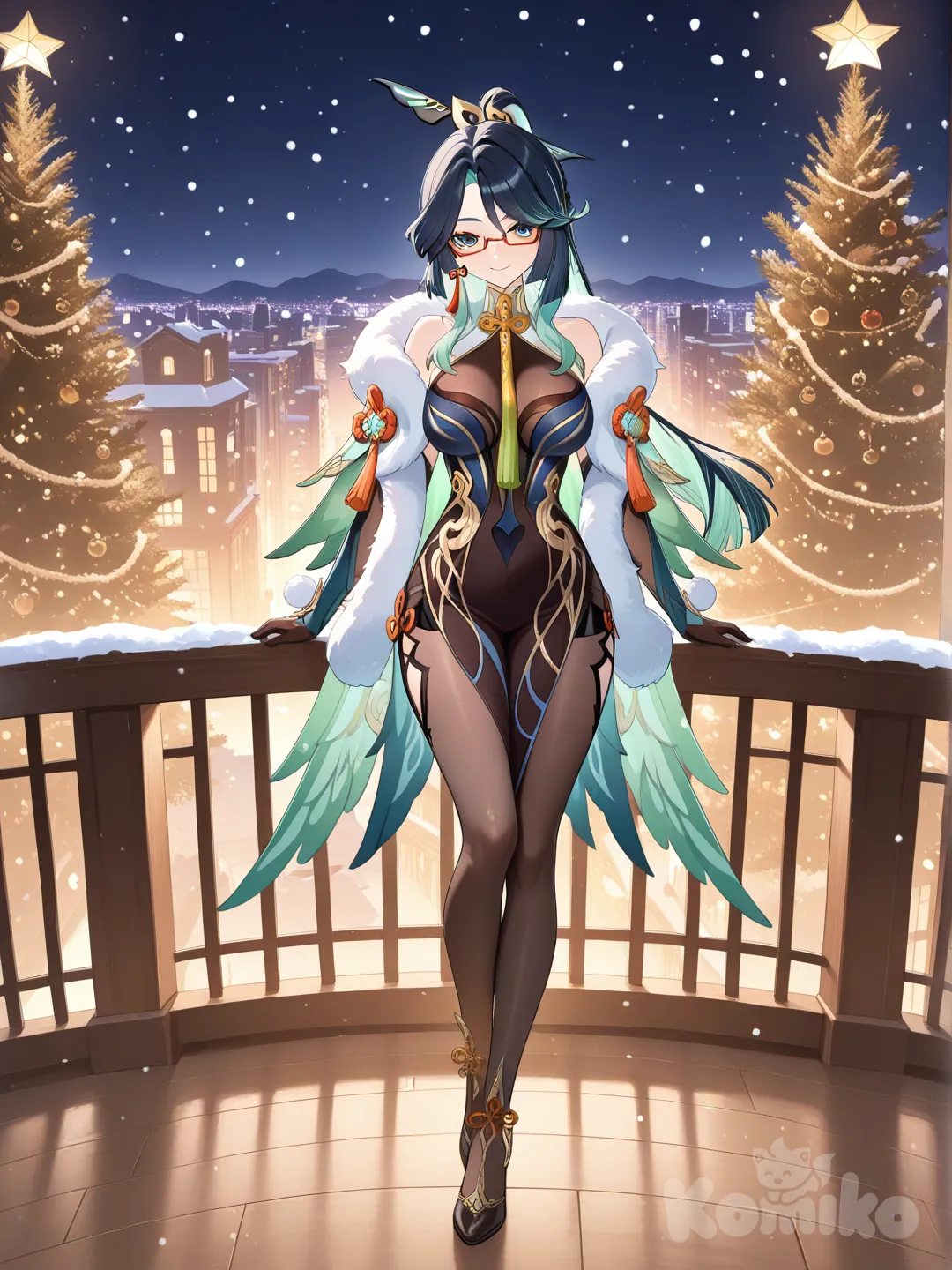 @Xianyun_(Genshin_Impact), looking at viewer, full body, cityscape china,sexy pose,fur coat,snow falling, christmas tree