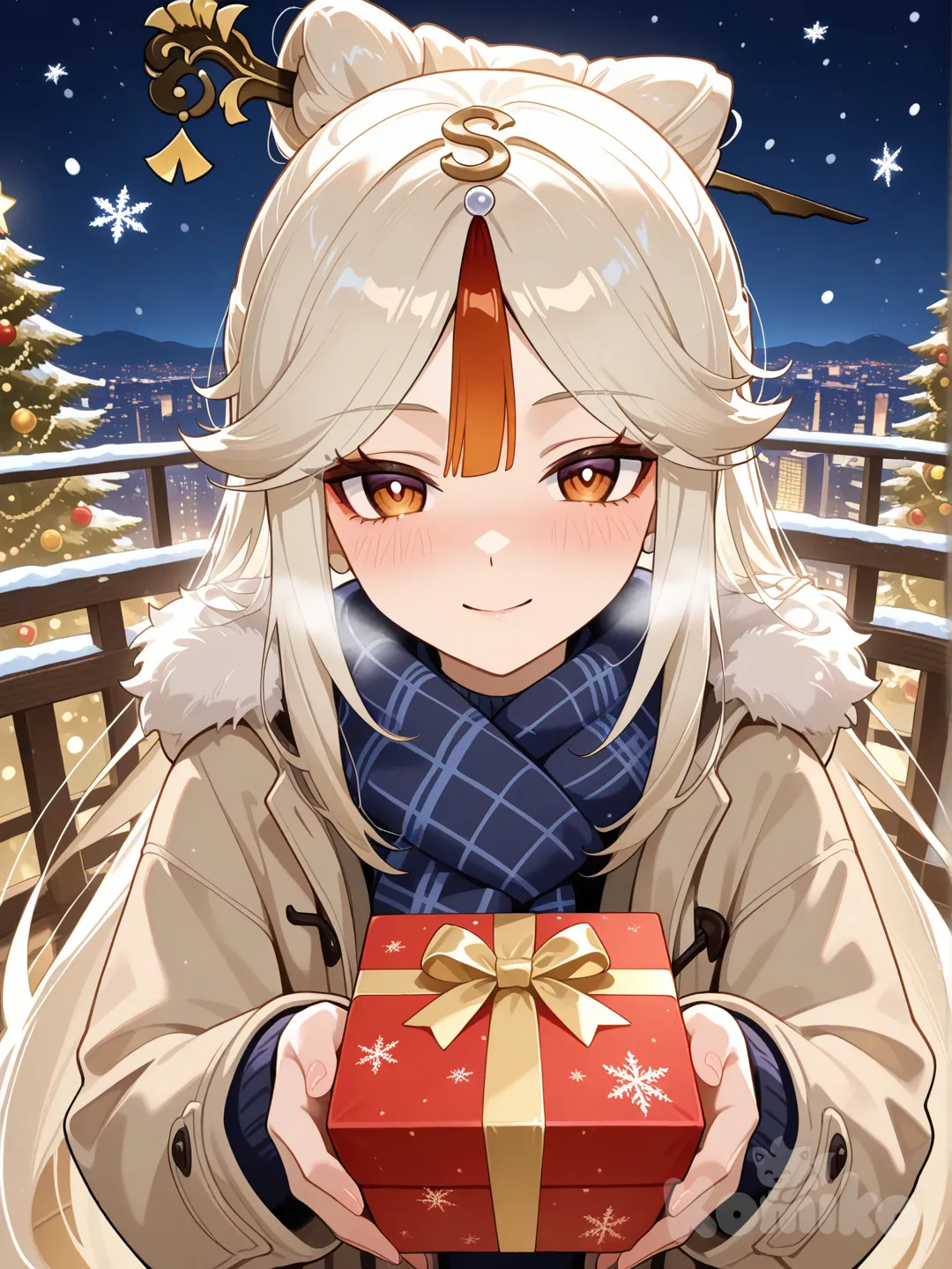 Ningguang_(Genshin_Impact), blush, thing, snow, snow falling, christmas tree, merry christmas, cityscape china, give gifts, smile, looking at viewer, closeup