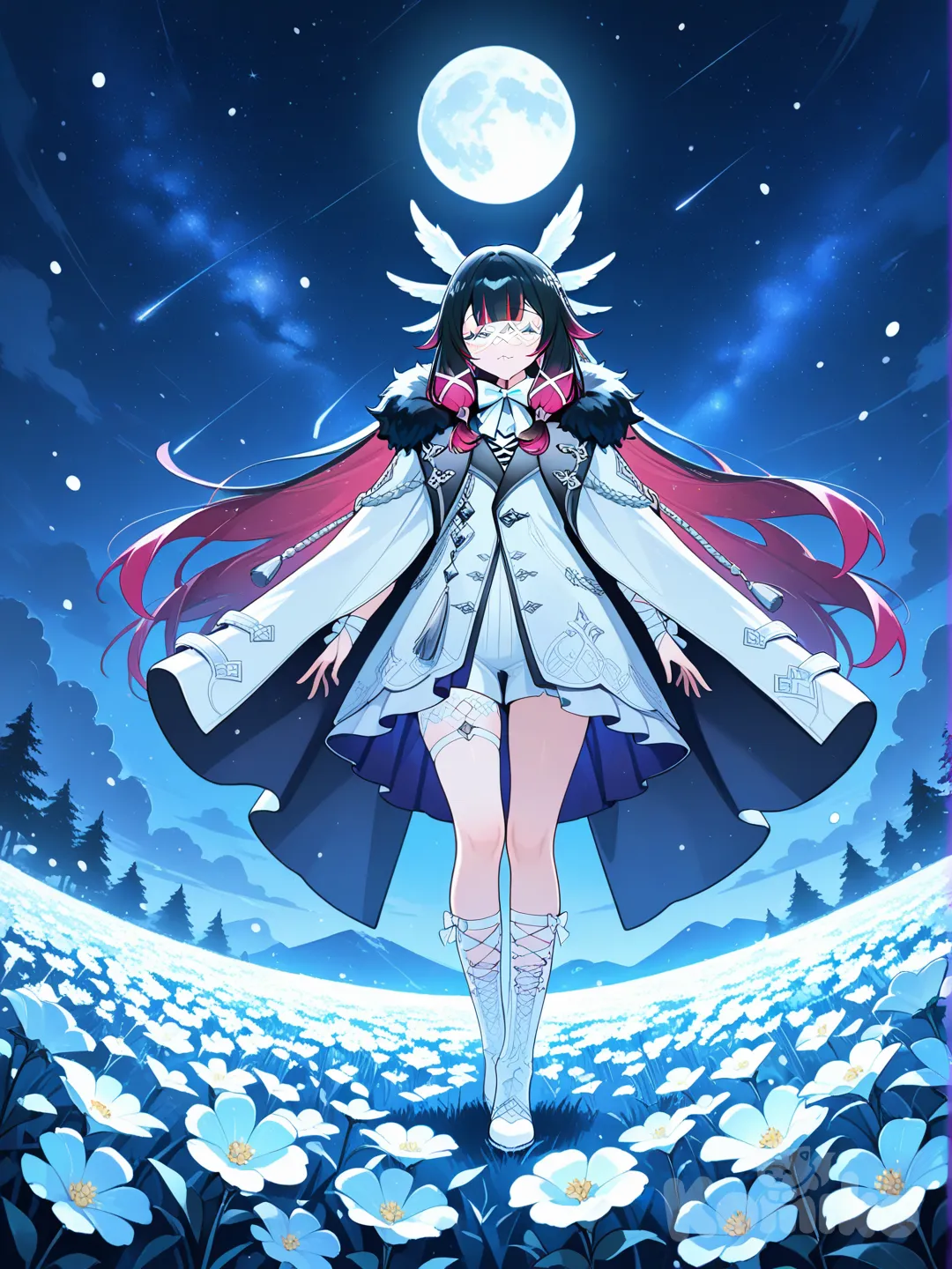 @Columbina_(Genshin_Impact) full moon, starry sky, flower field,falling snow, walking, full body