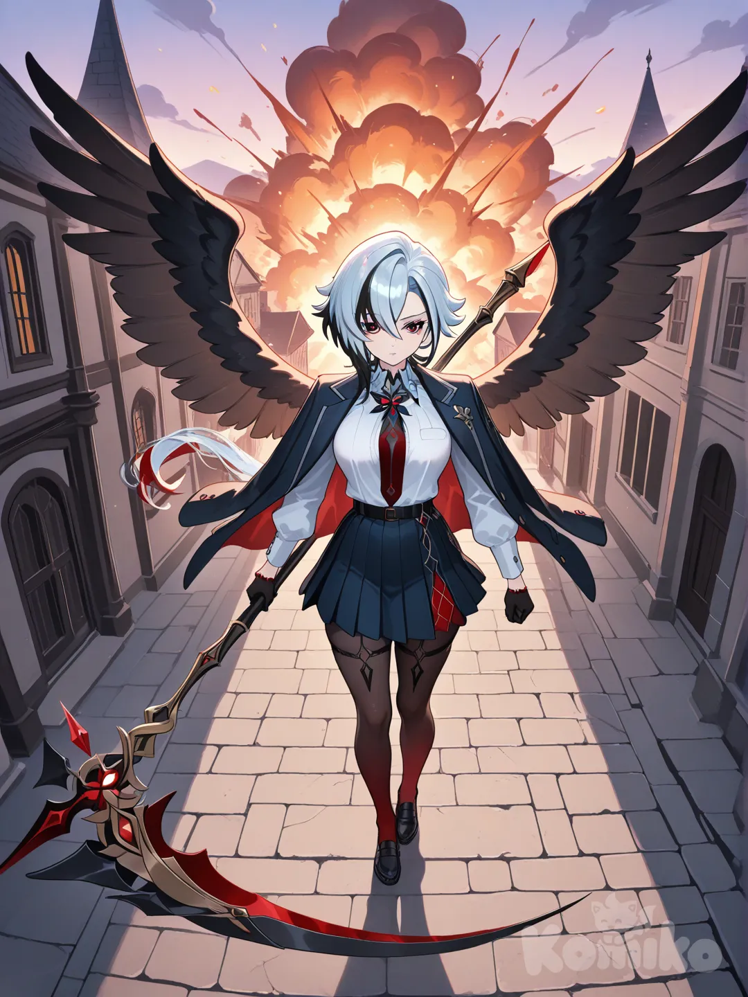 Arlecchino (Genshin Impact) Reaper Scythe, looking at viewer, from above,wings blood web, cityscape meadivel, full body,exploushen school,walk