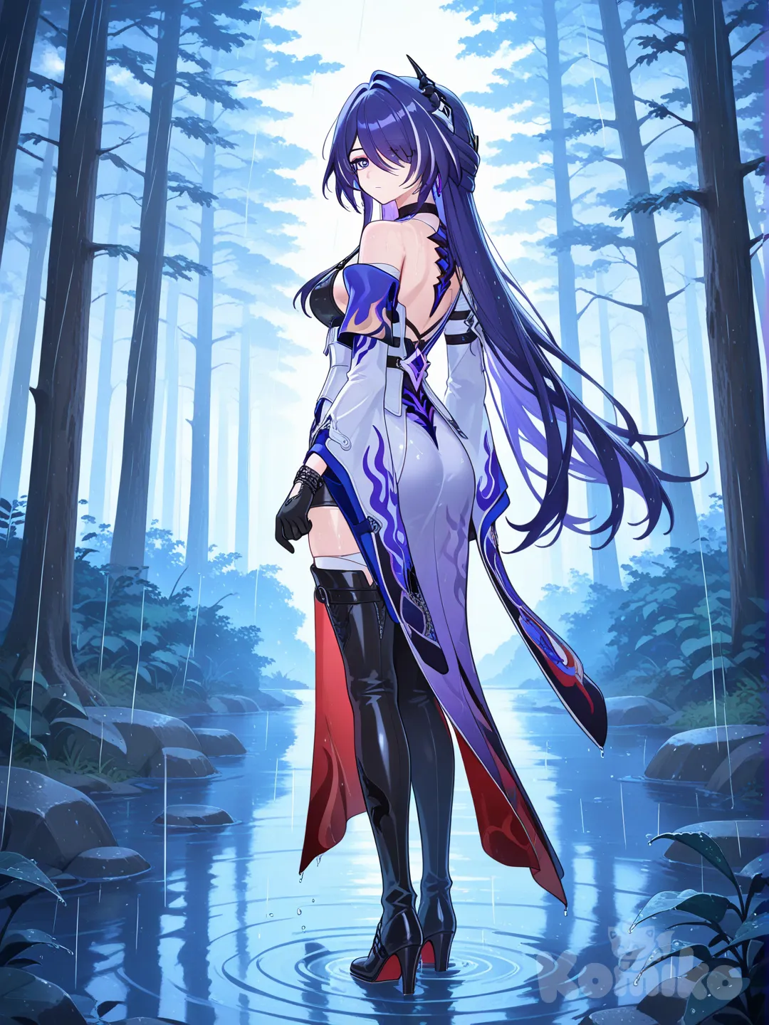 @Acheron_(Honkai:Star_Rail), expressionless, looking back, full body, forest, rain