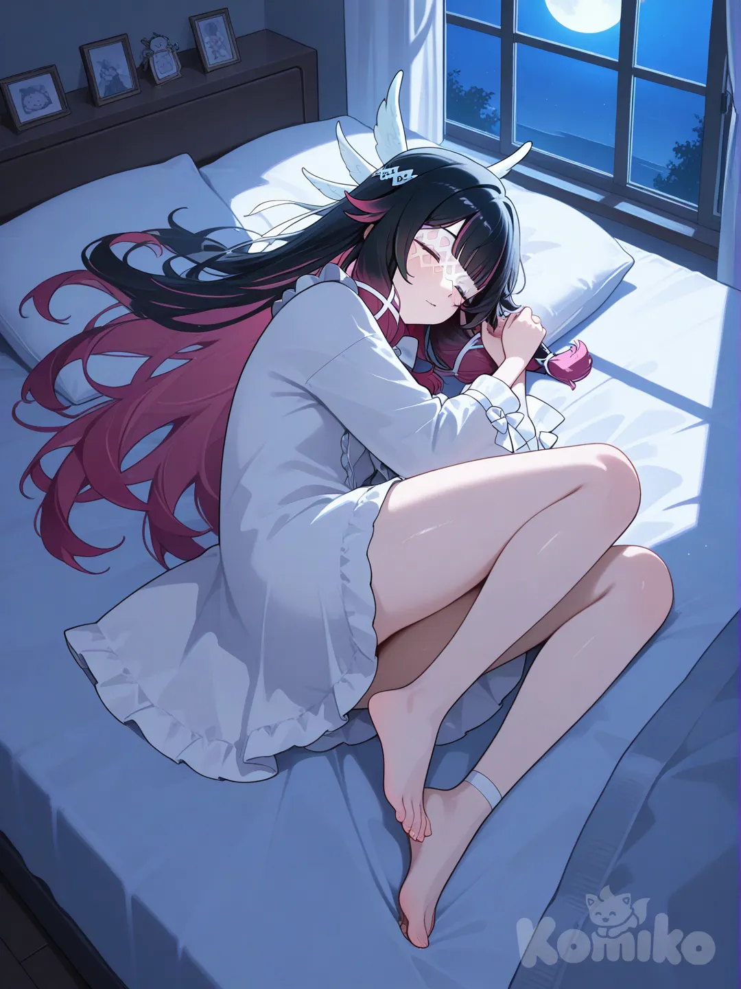 Columbina (Genshin Impact) sleep on the bad, moon light, full body, night, blush