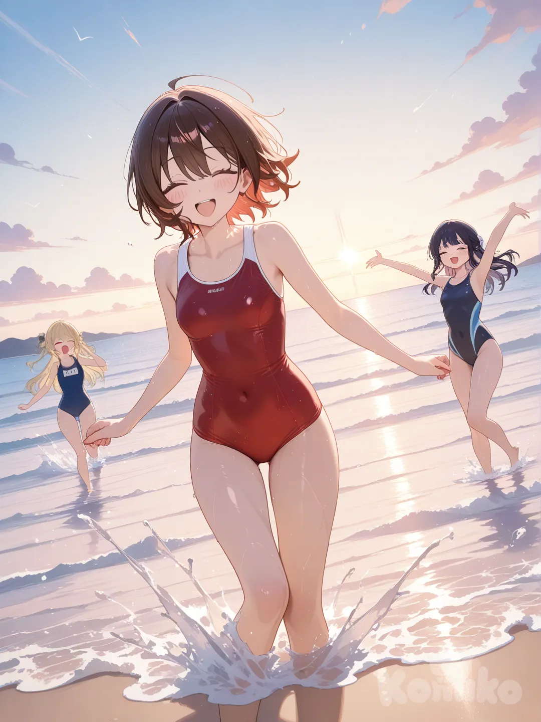 Water girls, play on beach, laughing, blush