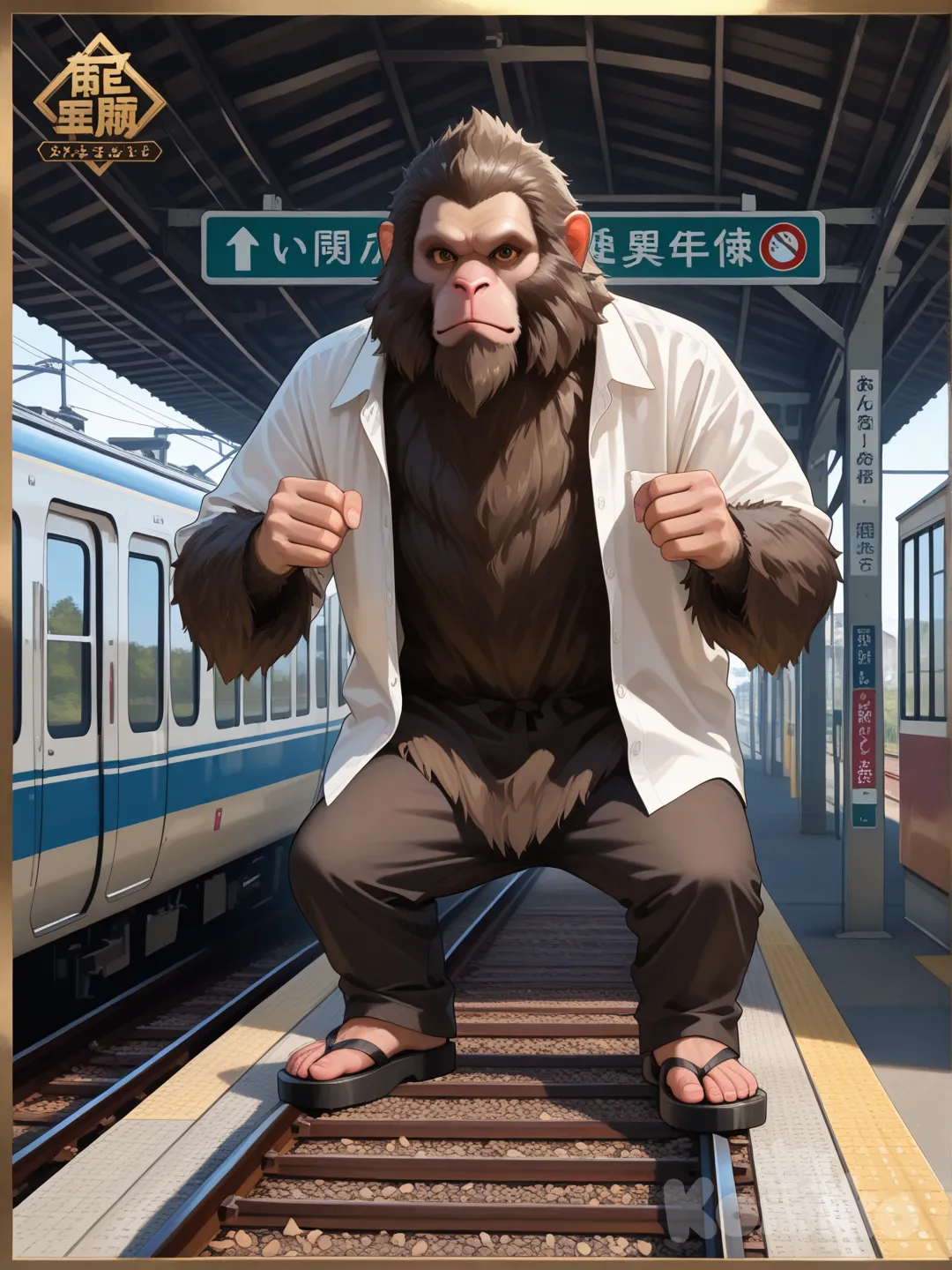 Ultra-realistic digital illustration of a brown Indian Macaques monkey standing in a simple pose at a clean, spacious railway station platform. The location has enough open space where someone could dance, with visible platform details, tracks in the background, and bright natural lighting. 

The monkey is wearing a new branded South Indian style outfit: a clean white shirt and a traditional white veshti/lungi with a golden border. On the shirt, a clear printed "cg_monkey10" logo is visible in bold. The monkey stands calmly, looking toward the camera with a natural, expressive face and realistic fur texture.

At the top of the scene, a clean modern signboard displays the text "cg_monkey10" clearly and prominently. No humans or other animals in the scene. High-resolution 8K detail, cinematic lighting, sharp textures, and realistic depth of field.