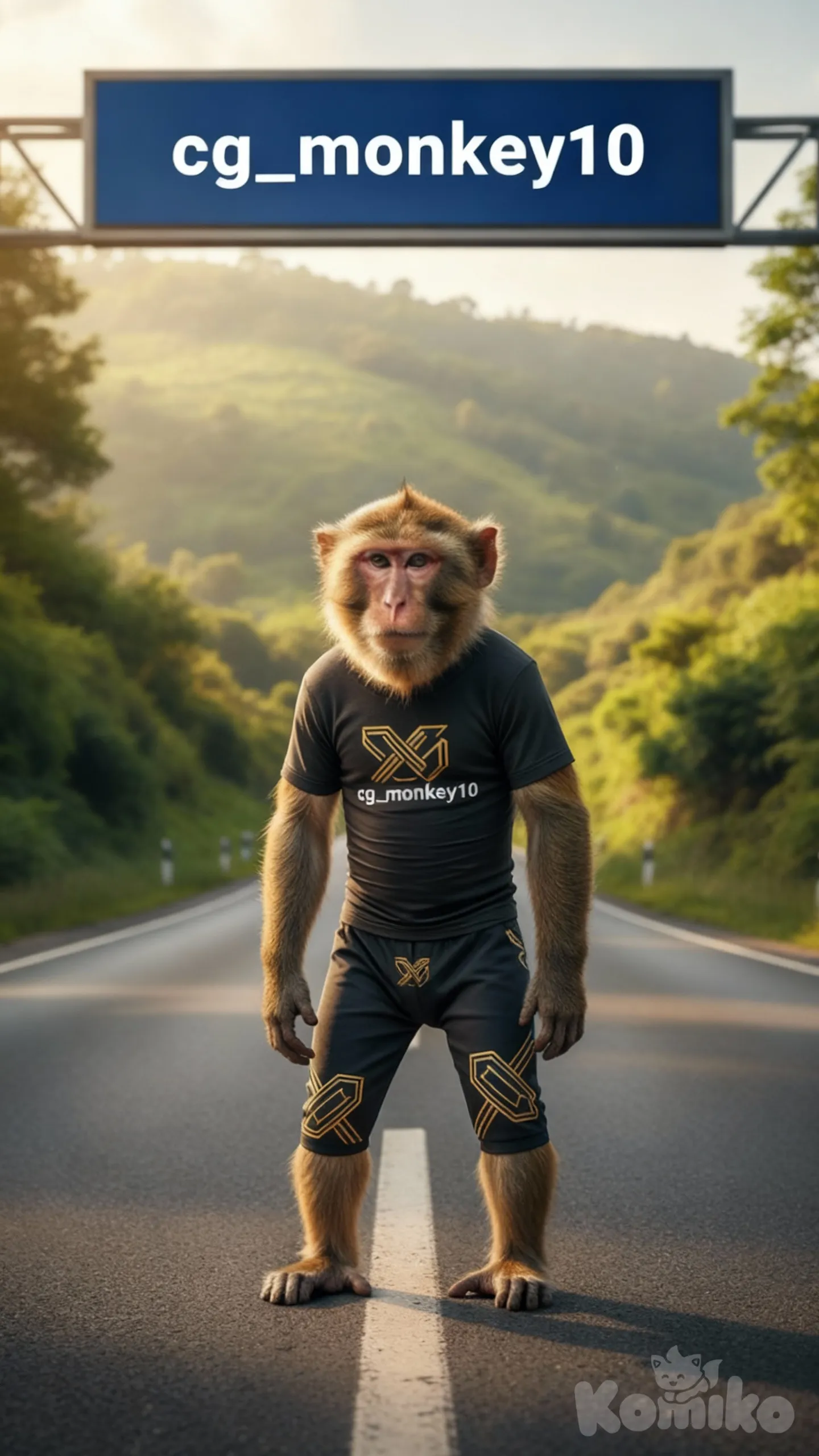 Ultra-realistic 9:16 vertical photo of a brown Indian macaque monkey standing in a simple natural pose on a beautiful empty road.
The road is long, clean, peaceful, and surrounded by soft greenery on both sides with warm natural sunlight.
A big overhead digital display board at the top shows the text: “cg_monkey10”.
The monkey is wearing a new branded tight-fitting modern T-shirt and stylish half-pants, both with a clean and sharp printed “cg_monkey10” designer logo.
No other people in the scene.
Lighting: bright daylight, soft shadows, crisp details.
The monkey's fur texture, eyes, hands, and feet should look extremely real and natural.
High-detail background depth, DSLR-quality focus, vibrant colors., 1000002186