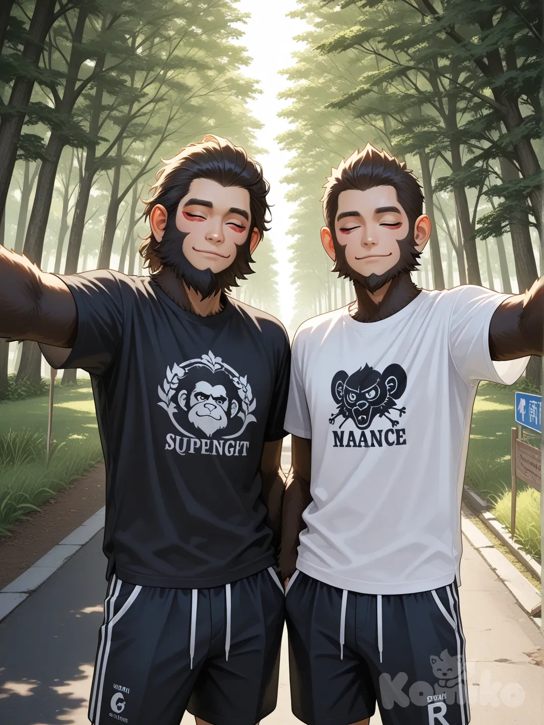 Ultra-realistic 9:16 photo of an Indian macaque monkey standing in a simple natural pose on a beautiful quiet roadside location.
The road is empty, peaceful, surrounded by greenery and soft sunlight.
A large board at the top clearly shows the text “cg_monkey10”.
The monkey is taking a selfie with a boy standing next to him, but NO mobile phone should be visible in the image.
Both are facing the camera naturally.
Outfit: New branded tight-fitting T-shirt and half-pants with a modern stylish design.
Both clothes have a clearly visible “cg_monkey10” logo printed on them.
The outfit should look premium, clean, and realistic.
Lighting: Soft morning natural light.
Style: Hyper-realistic, high details, sharp facial features, clean background.
No text on the screen other than the board “cg_monkey10”.