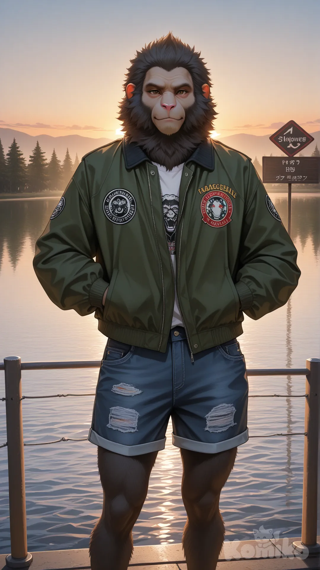 Ultra-realistic 9:16 vertical photo of an Indian macaque monkey standing confidently in a simple natural pose on a beautiful lakeside location. 
The background has a calm lake, light fog, green trees, and soft golden sunrise lighting.

A large stylish signboard at the top clearly shows the text “cg_monkey10”.

Outfit: New branded designer jacket with zipper, paired with premium denim shorts. 
Both the jacket and shorts have a clean, visible “cg_monkey10” logo printed in a modern design. 
The clothes should look high-quality and fashionable.

The monkey should look fresh, confident, and realistic with sharp details and natural fur texture.

Style: Hyper-realistic, cinematic lighting, clean background, no blur, no extra text except the board.