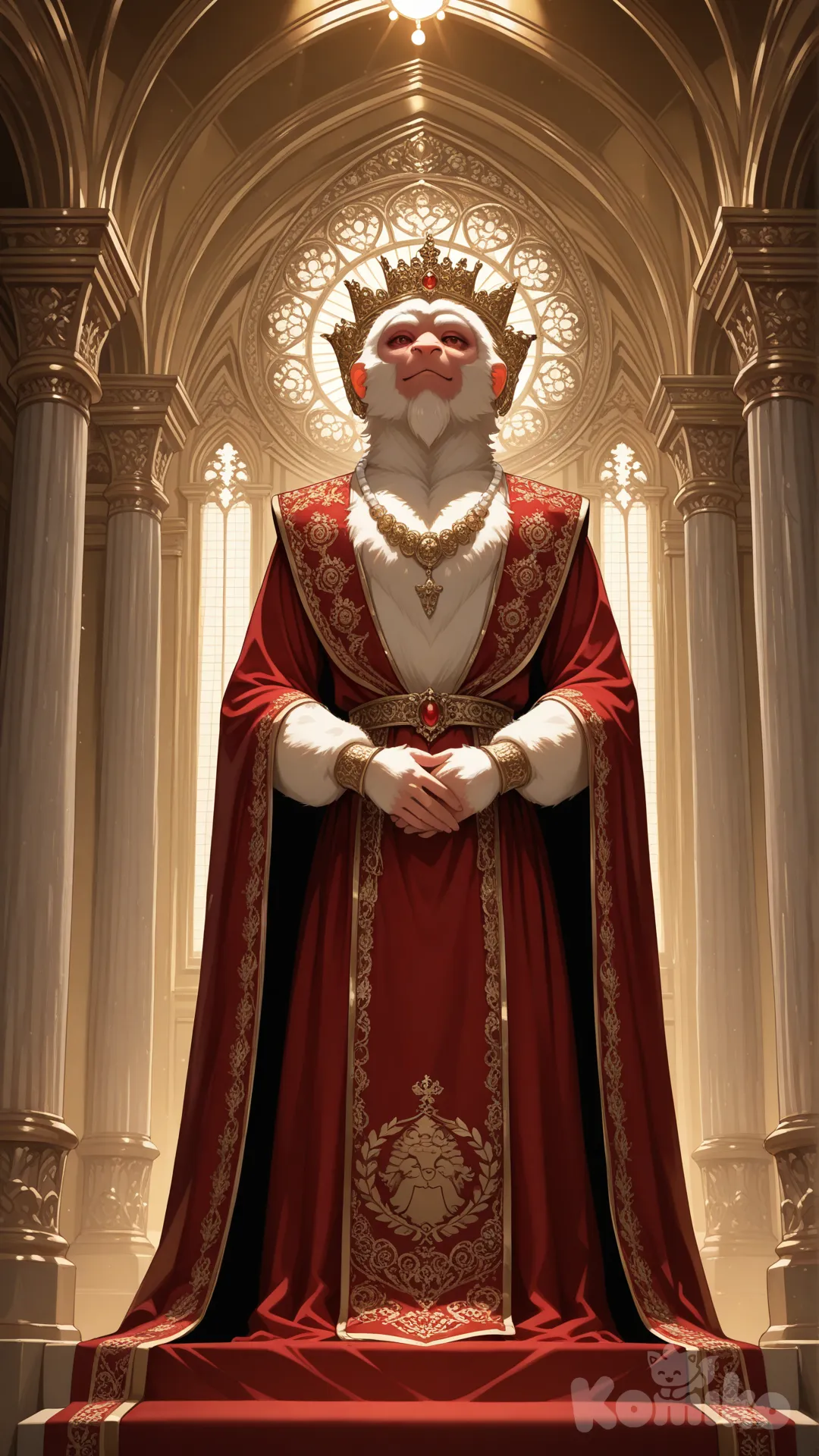 Ultra-realistic 9:16 portrait of an Indian macaque monkey standing in front of a grand ancient Indian palace with carved pillars, golden arches, and warm royal lighting.
Outfit: Heavy royal Maharaja outfit with embroidered red-gold sherwani, pearl necklace, and a small elegant crown.
Sherwani has a clearly visible golden “cg_monkey10” emblem stitched on the chest area.
Monkey stands in a simple dignified pose, fur texture extremely sharp, royal atmosphere, cinematic lighting, no blur., evening dress, t-shirt, cargo pants, zebra print, holding gun, dancing