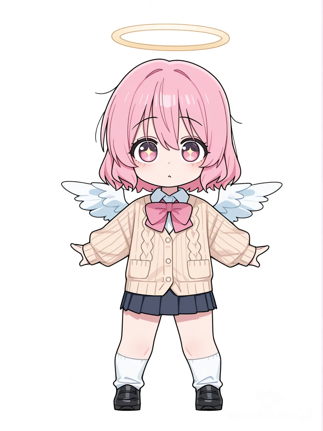 [toon-shaded-style] 1girl, chibi, child, short stature, long pink hair, pink eyes, fair skin, knitted cardigan, pleated skirt, bow, angel wings, pearls, single character, full body, looking at viewer, anime style, simple background, white background