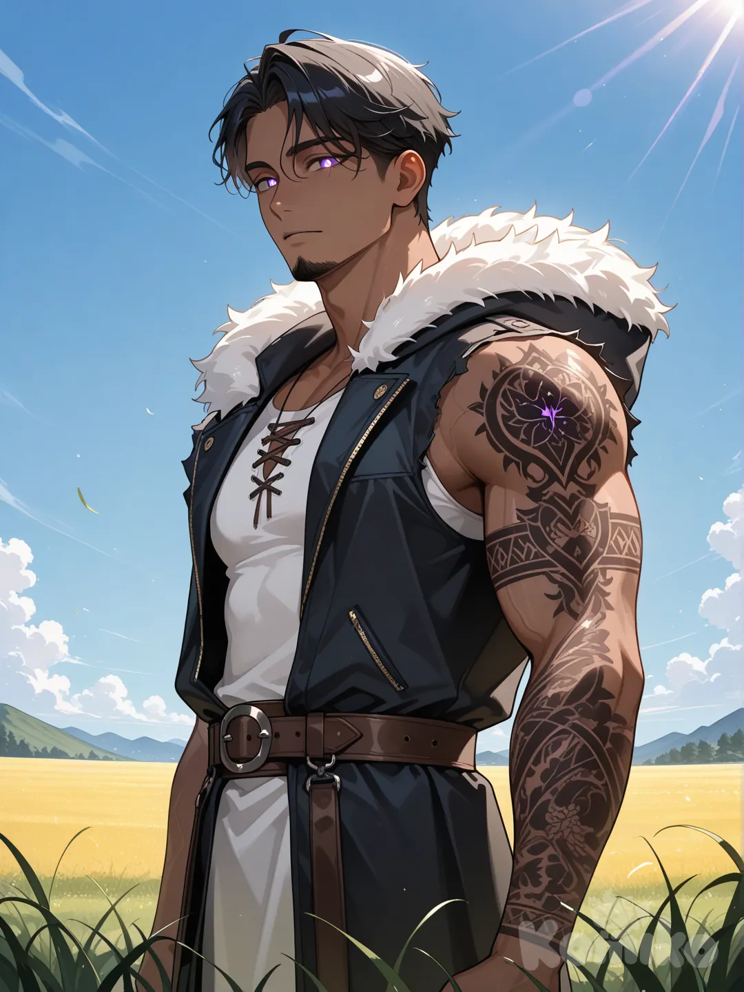 @boom-Gtop, viking warrior clothing, dark mocha skin, in a sunny field, cinematic lighting, 1/2 body pose, muscular, facing the viewer,faintly glowing amethyst eyes, arm tattoo sleeve