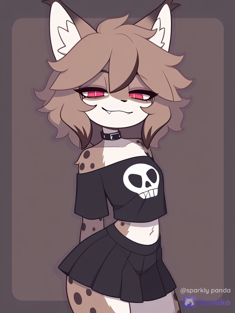 solo, furry, lynx boy, lynx ears, pointy ears, two-tone fur, (brown fur, white fur), brown head, dark-brown spots, dark-brown hair, short hair, fluffy hair, hair between eyes, streaked hair, red eyes, black pupils, slit pupils, fang, spiked teeth, navel, exposed navel, flat chest, thick thighs, wide chest, left-handed, (black t-shirt, cropped t-shirt, off-shoulder t-shirt, skull print, black skirt, pleated skirt, medium skirt, lowleg skirt), black collar, light smile, half-closed eyes, looking at viewer, [pop-toon-style], facing viewer, v-fingers, no lineart, 1boy