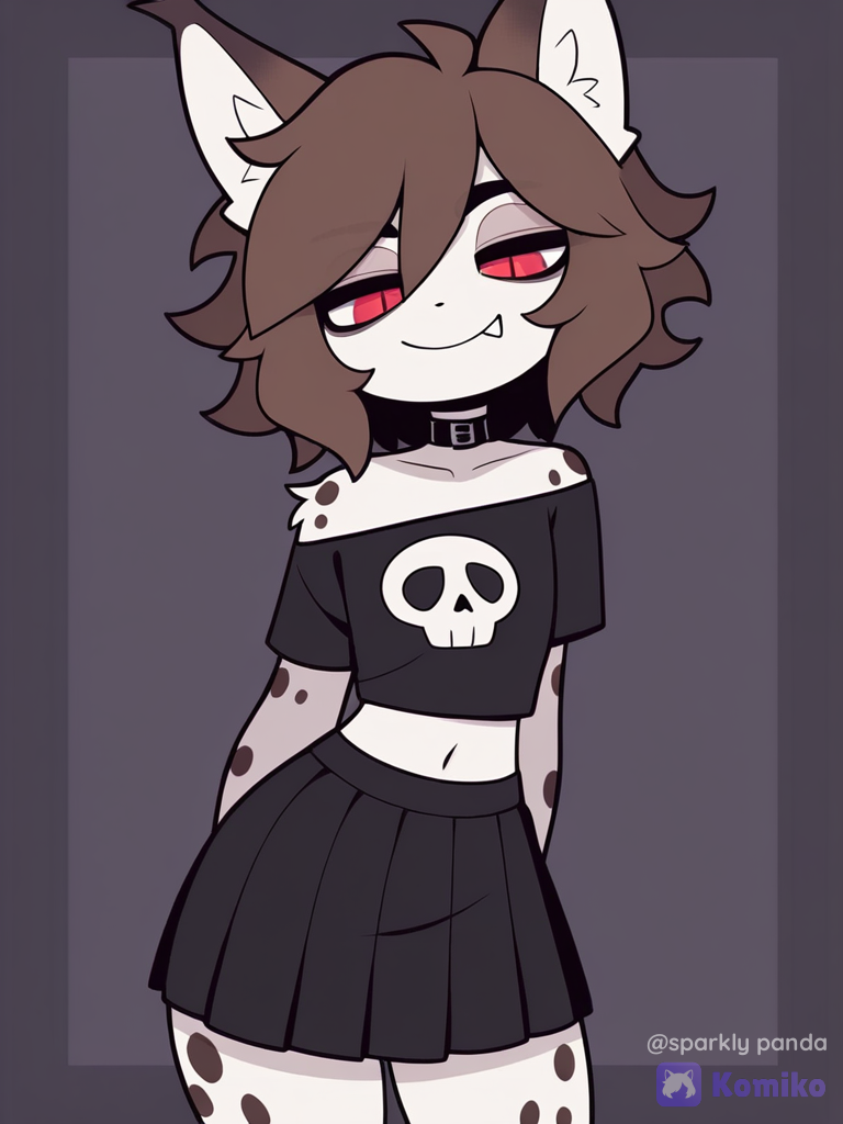 solo, furry, lynx boy, lynx ears, pointy ears, two-tone fur, (brown fur, white fur), brown head, dark-brown spots, dark-brown hair, short hair, fluffy hair, hair between eyes, streaked hair, red eyes, black pupils, slit pupils, fang, spiked teeth, navel, exposed navel, flat chest, thick thighs, wide chest, left-handed, (black t-shirt, cropped t-shirt, off-shoulder t-shirt, skull print, black skirt, pleated skirt, medium skirt, lowleg skirt), black collar, light smile, half-closed eyes, looking at viewer, [pop-toon-style], facing viewer, v-fingers, no lineart