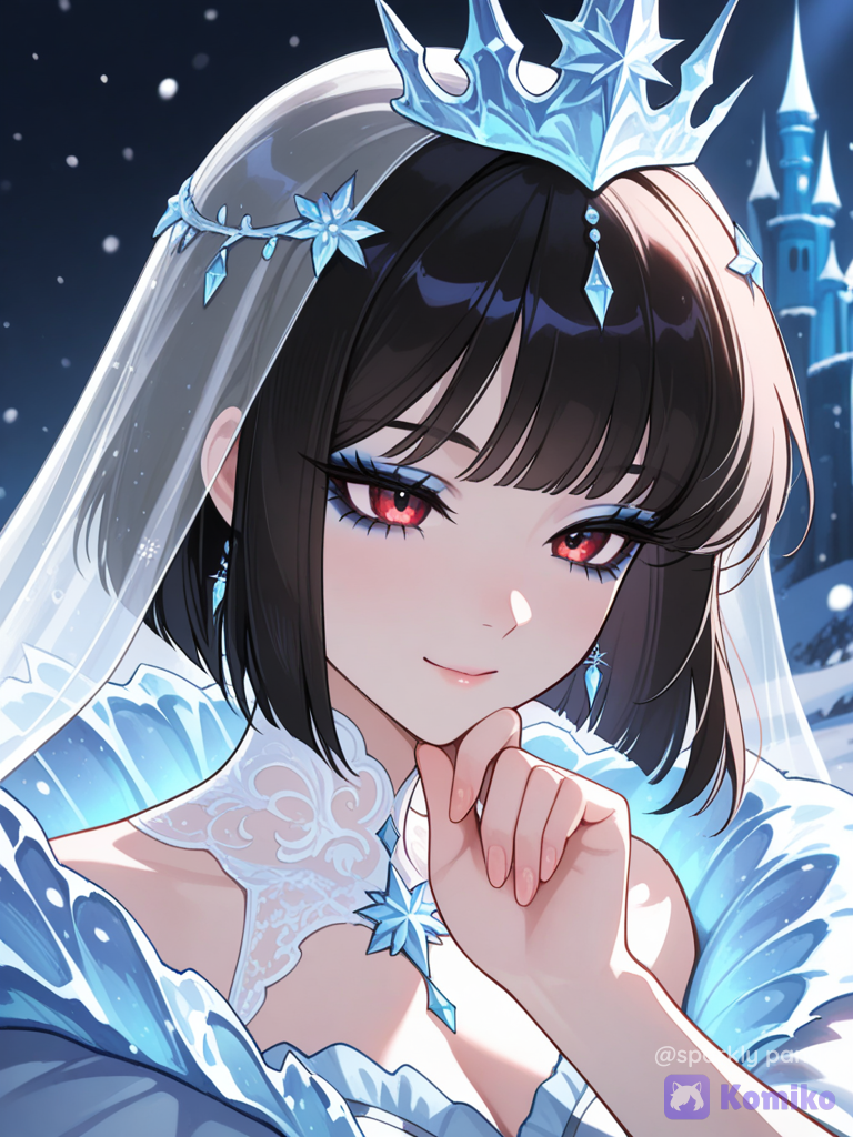 score_7, (female focus,a woman), ((digital illustration in manhwa style)), (red eyes, black bob cut, subtle makeup, eyeliner, eyeshadow),,captivating and mysterious.The style is a blend of dark fantasy and, conveying a mood of mystery and allure. The lighting is dramatic, with strong rim lighting highlighting her features and the fan, casting deep shadows and creating an ethereal, almost otherworldly atmosphere. The color palette is dominated by deep blacks and striking reds. The scene evokes a sense of dark fantasy, elegance, and alluring power. The composition is a close-up portrait with a shallow depth of field, focusing on the woman and her immediate surroundings, with bokeh effects enhancing the dreamlike quality. Cinematic lighting, high detail, dramatic. long eyelashes, sunlight, volumetric lighting, snow accessories, ice princess, snow queen, snow accessories, sitting in the protection of a giant ice phoenix, in the ice domain with the giant ice castle in the background, looking at the phoenix, hand touching its chin, happy, warm and intimate atmosphere, breathtaking atmosphere 8K resolution, vibrant colors, dreamy fantasy aesthetic, cinematic fantasy look, high detail, ultra-realistic, ethereal style, delicate softness, poetic lighting, modern digital painting aesthetic, Muted soft colors, old lighting, street style fashion, depth of field, wallpaper