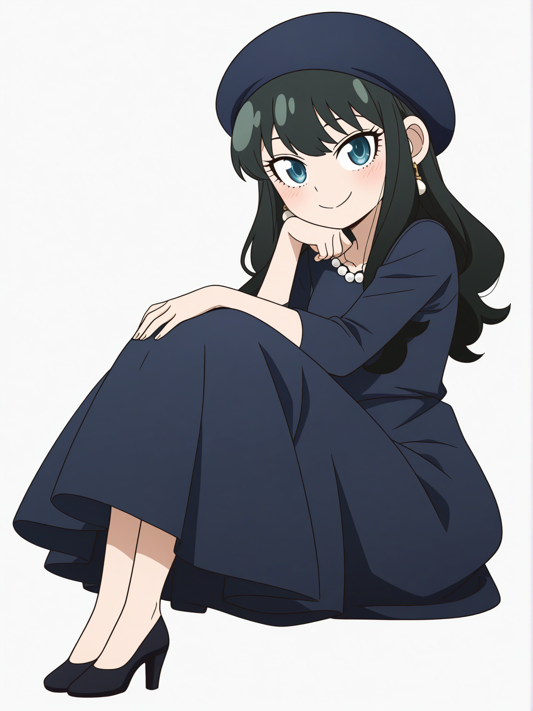 [pop-anime-style] 1girl, spy_x_family, long_hair, wavy_hair, black_hair, blue_eyes, smile, black_dress, pearl_decoration, elegant, black_beret, sitting, toon-shaded-style, single character, full body, looking at viewer, simple background, white background