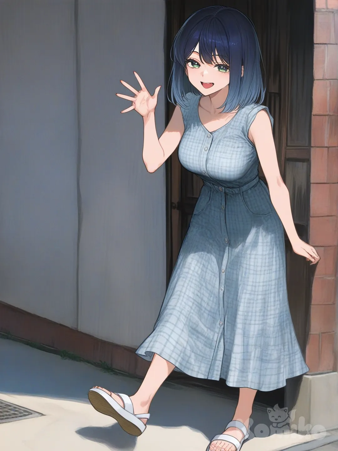 full body, waving, @Kurokawa_Akane, [semi-realistic-portrait-style]
