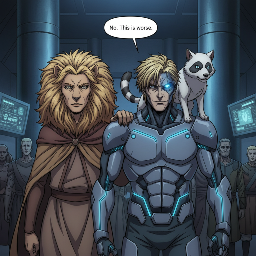 Panel 4: The Ominous Reveal Composition: Zorbin walks towards the group, his hand on zicaelas shoulder, face half in shadow. Cybernetic eye glows menacingly.
zorbin:Character Design – Zorbin: Half-human, half-cyborg. Blond hair, one glowing blue cybernetic eye. Strong jawline, armored chest plate with glowing seams, cybernetic arm resting on the table. Expression: serious, urgent. Extra Character – Zinn: White dog with raccoon mask markings and striped tail, perched on Zorbin’s shoulder. Barking slightly, ears perked
Zicaela: half human half lion female in a robe, large lions maine for hair. Pose & Expression: Stern, foreboding expression. Zinn crouches tensely on his shoulder.. Dialogue (Zorbin, bubble centered, tail angled down):
“No. This is worse.”