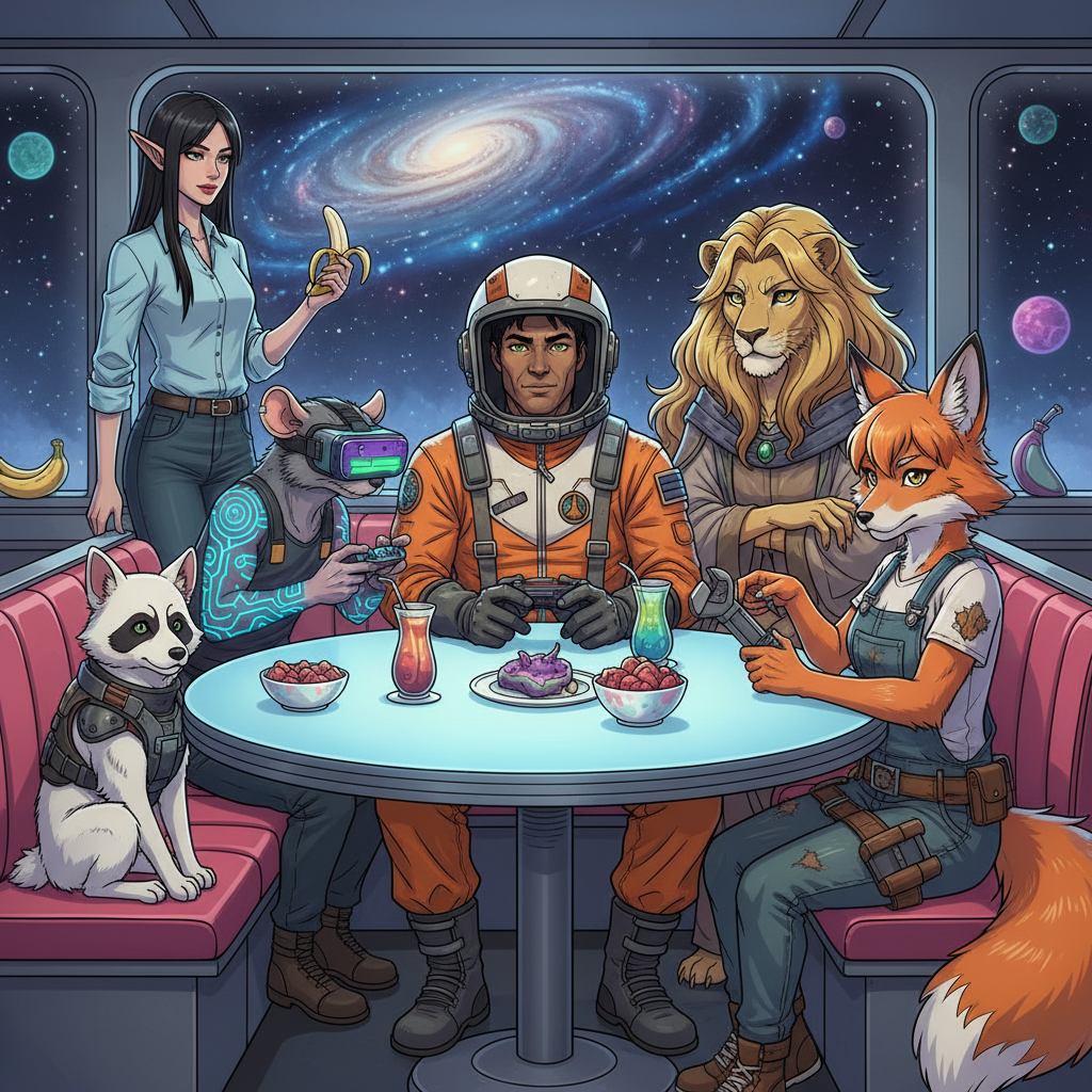 Seated at the table is 5 charcters Zinn: White dog with raccoon mask markings.
Zave: middle aged Male Black-haired, green-eyed, always with his signature retro-cool space helmet. Flight suit slightly scuffed from adventures. Zichaela: female/ half human Flowing golden lion mane frames her humanoid face, with a lion’s nose and sharp feline eyes.
Zavin: Cyberpunk Rat Gamer male:Rat-like humanoid, always clutching a controller or wearing VR gear. Neon tattoos flicker across his arms
Zristan Female Half Fox / Half Human Mechanic Pointy fox ears, orange-tinted fur blending into human skin, bushy tail peeking from overalls. Always with a wrench or tool belt.
Zogan: Female Elf Grocery Clerk -Look: Tall, graceful elf with long, flowing black hair, wearing light blue shirt and jeans even in cosmic emergencies. His sharp ears poke through strands of hair.