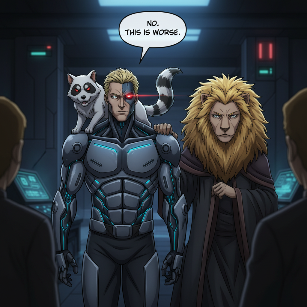 Panel 4: The Ominous Reveal Composition: Zorbin walks towards the group, his hand on zicaelas shoulder, face half in shadow. Cybernetic eye glows menacingly.
zorbin:Character Design – Zorbin: Half-human, half-cyborg. Blond hair, one glowing blue cybernetic eye. Strong jawline, armored chest plate with glowing seams, cybernetic arm resting on the table. Expression: serious, urgent. Extra Character – Zinn: White dog with raccoon mask markings and striped tail, perched on Zorbin’s shoulder. Barking slightly, ears perked
Zicaela: half human half lion female in a robe, large lions maine for hair. Pose & Expression: Stern, foreboding expression. Zinn crouches tensely on his shoulder.. Dialogue (Zorbin, bubble centered, tail angled down):
“No. This is worse.”