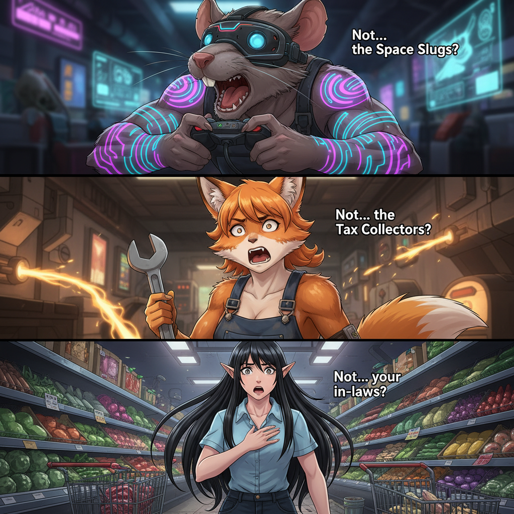 Close up Shots charcters looked shocked - Zavin: Cyberpunk Rat Gamer male:Rat-like humanoid, always clutching a controller or wearing VR gear. Neon tattoos flicker across his arms. Dialogue: “Not… the Space Slugs?”
Zristan Female Half Fox / Half Human Mechanic Pointy fox ears, orange-tinted fur blending into human skin, bushy tail peeking from overalls. Always with a wrench or tool belt.Orange fur tint, sharp ears, wearing oil-stained overalls. One eyebrow raised, mouth open in alarm. Dialogue:“Not… the Tax Collectors?”
Zogan: Female Elf Grocery Clerk -Look: Tall, graceful elf with long, flowing black hair, wearing light blue shirt and jeans even in cosmic emergencies. His sharp ears poke through strands of hair. Zogan (female elf): Tall, graceful, long black hair framing pointed ears. looks surprised . Dialogue:“Not… your in-laws?”