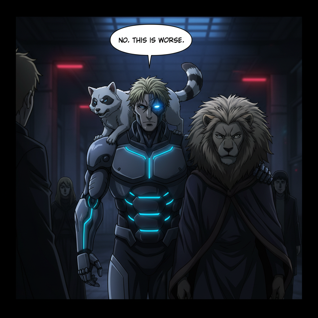 Panel 4: The Ominous Reveal Composition: Zorbin walks towards the group, his hand on zicaelas shoulder, face half in shadow. Cybernetic eye glows menacingly.
zorbin:Character Design – Zorbin: Half-human, half-cyborg. Blond hair, one glowing blue cybernetic eye. Strong jawline, armored chest plate with glowing seams, cybernetic arm resting on the table. Expression: serious, urgent. Extra Character – Zinn: White dog with raccoon mask markings and striped tail, perched on Zorbin’s shoulder. Barking slightly, ears perked
Zicaela: half human half lion female in a robe, large lions maine for hair. Pose & Expression: Stern, foreboding expression. Zinn crouches tensely on his shoulder.. Dialogue (Zorbin, bubble centered, tail angled down):
“No. This is worse.”