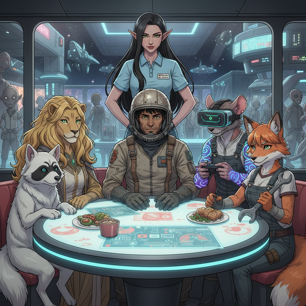 Seated at the table is 5 charcters Zinn: White dog with raccoon mask markings.
Zave: middle aged Male Black-haired, green-eyed, always with his signature retro-cool space helmet. Flight suit slightly scuffed from adventures. Zichaela: female/ half human Flowing golden lion mane frames her humanoid face, with a lion’s nose and sharp feline eyes.
Zavin: Cyberpunk Rat Gamer male:Rat-like humanoid, always clutching a controller or wearing VR gear. Neon tattoos flicker across his arms
Zristan Female Half Fox / Half Human Mechanic Pointy fox ears, orange-tinted fur blending into human skin, bushy tail peeking from overalls. Always with a wrench or tool belt.
Zogan: Female Elf Grocery Clerk -Look: Tall, graceful elf with long, flowing black hair, wearing light blue shirt and jeans even in cosmic emergencies. His sharp ears poke through strands of hair.