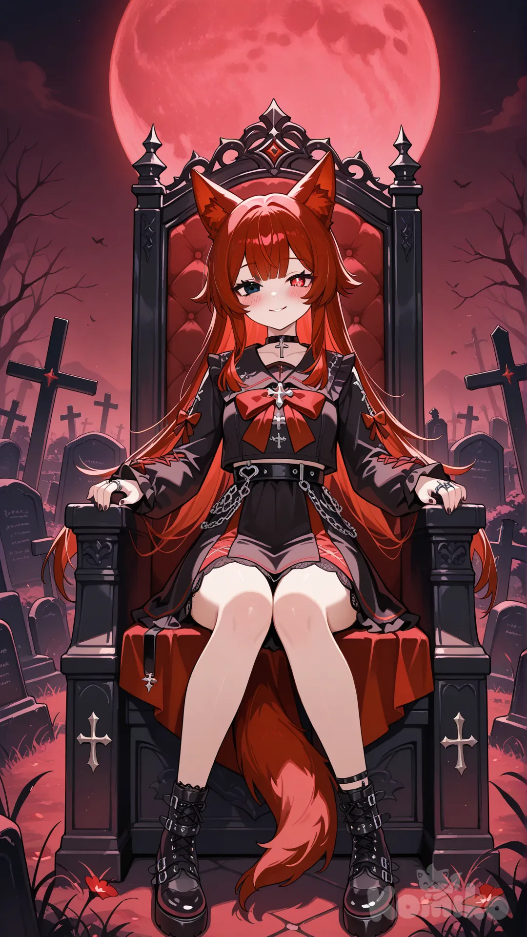 1girl, Genshin Impact, sitting on throne, smile, blush, black top, long straight black and red hair, one red eye, one black eye, cross choker, gothic rings, wolf ears, wolf tail, full body, looking at viewer, night, twilight, graveyard, scarlet moon