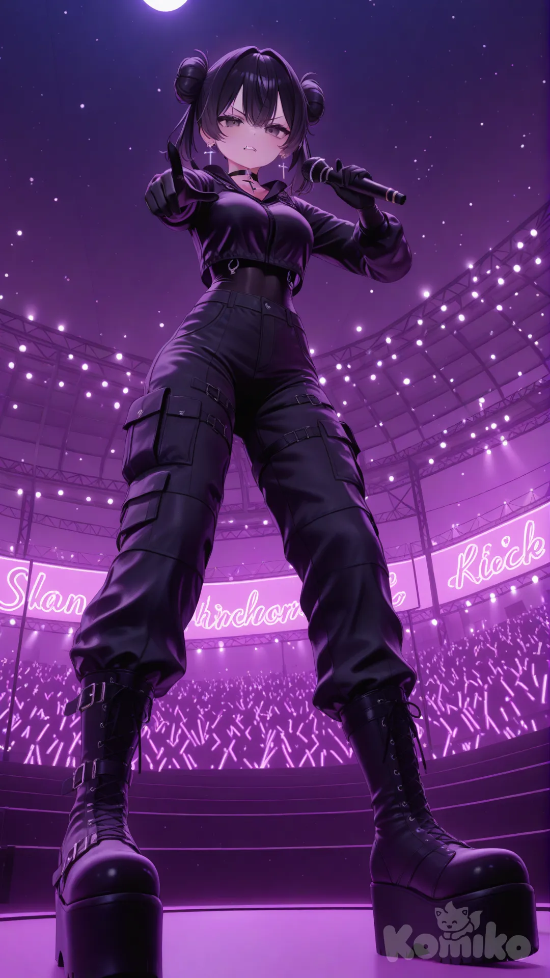 1girl, [3d-anime-style], standing, holding microphone, singing, pointing at viewer, serious, angry, black cargo pants, black bodysuit, new rock shoes, cross choker, earrings, double buns, black hair, full body, looking at viewer, from below , neon lights, ambient light, night, stadium