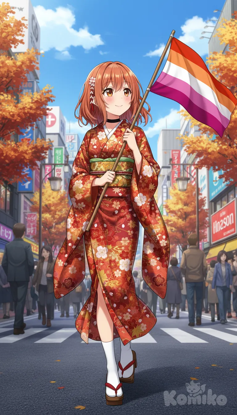A lesbian girl walking in Tokyo with a lesbian flag.
