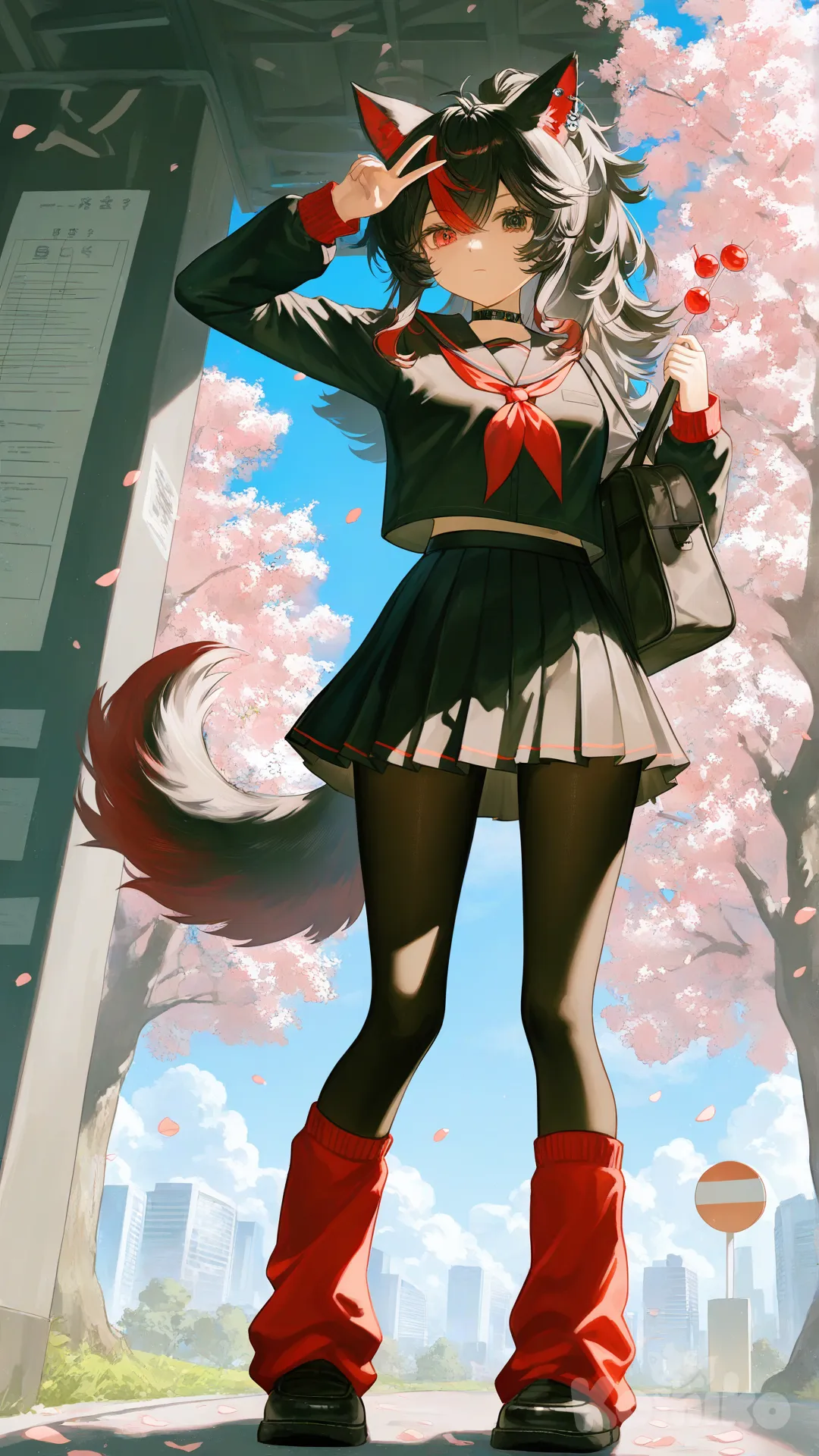 1girl, gothic, [moody-glow-style], v sign, extended left arm, knees bent, standing, expressionless, swirl lollipop, black and red japanese school uniform with black nylon pantyhose and red leg warmers, earrings, choker, wolf ears, wolf tail, wolf girl, right red eye, left black eye, bag under left arm, high ponytail, messy hair, black and red hair, full body, looking at viewer, from below, day, skyscraper, bus stop, blue sky, cloud, sakura three, Tokyo City