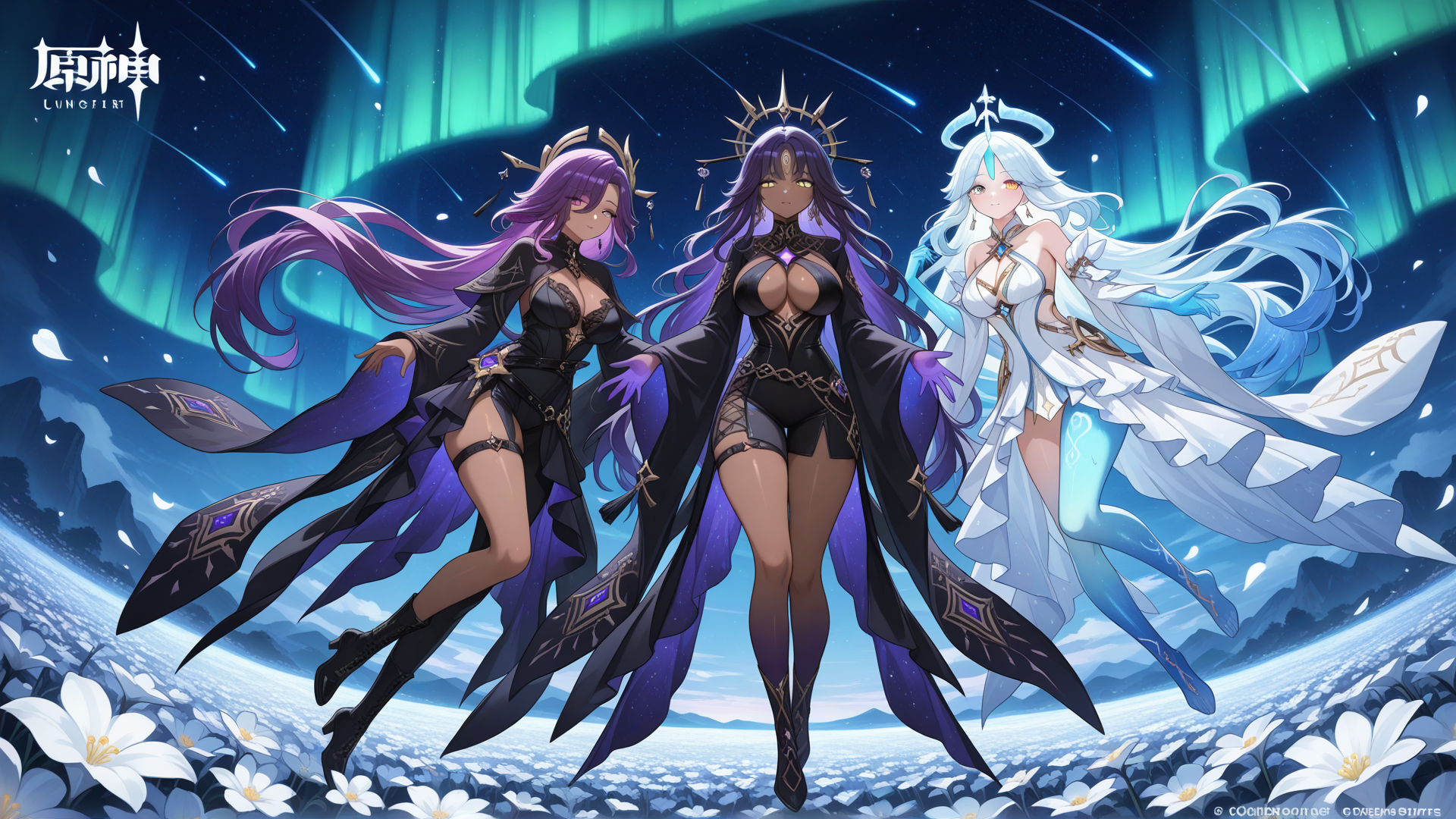 @liraya-voss-hwEE in the left, @nyxara-the-void-sovereign-xJhU in the center and @vespera-nyx-XXQ3 in the right, three anime characters floating together above an endless glowing sea of white and pale blue luminescent flowers at night, deep cosmic blue starry sky with shooting stars and soft aurora streaks, floating luminous petals and sparkling particles in the air, dreamy bioluminescent landscape, ethereal moonlight illumination, romantic and magical atmosphere, miHoYo Genshin Impact official art style, ultra cinematic lighting, fantasy scenery background, three figures in elegant flowing outfits, central male blonde traveler with cape, two beautiful female companions with long hair and dresses, dynamic gentle poses, no extra people