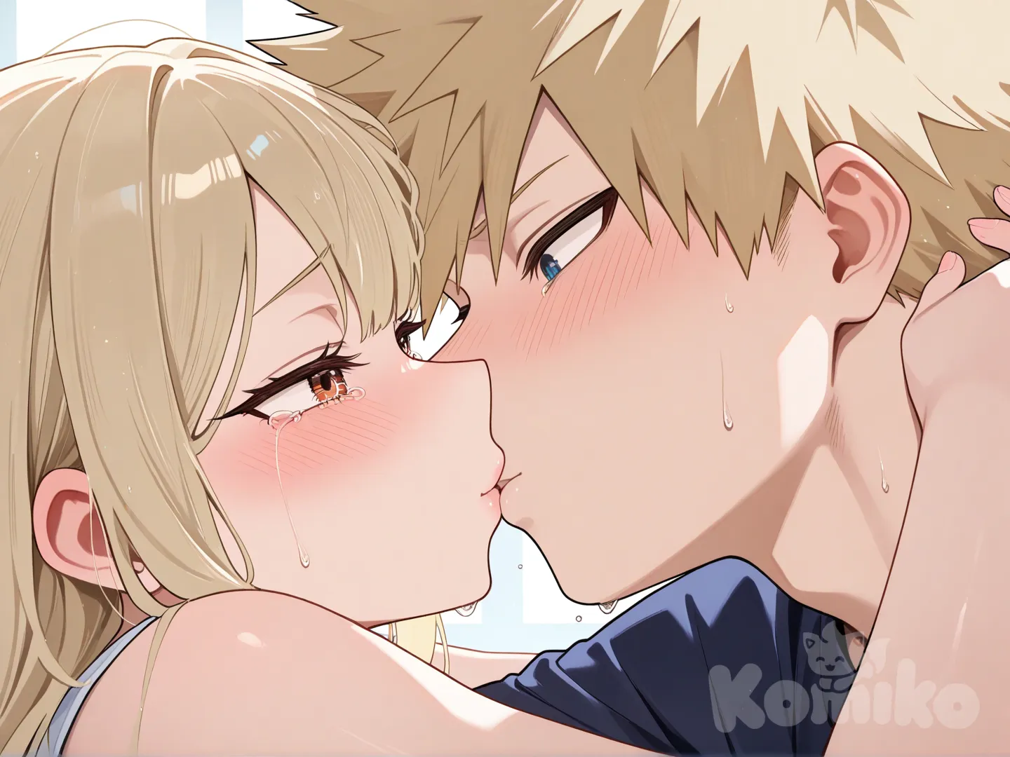 This character and Katsuki Bakugo kiss on the lips, and Bakugo was the first to kiss. The girl kisses him with tears in her eyes, trying to hug him. The girl is chubby.