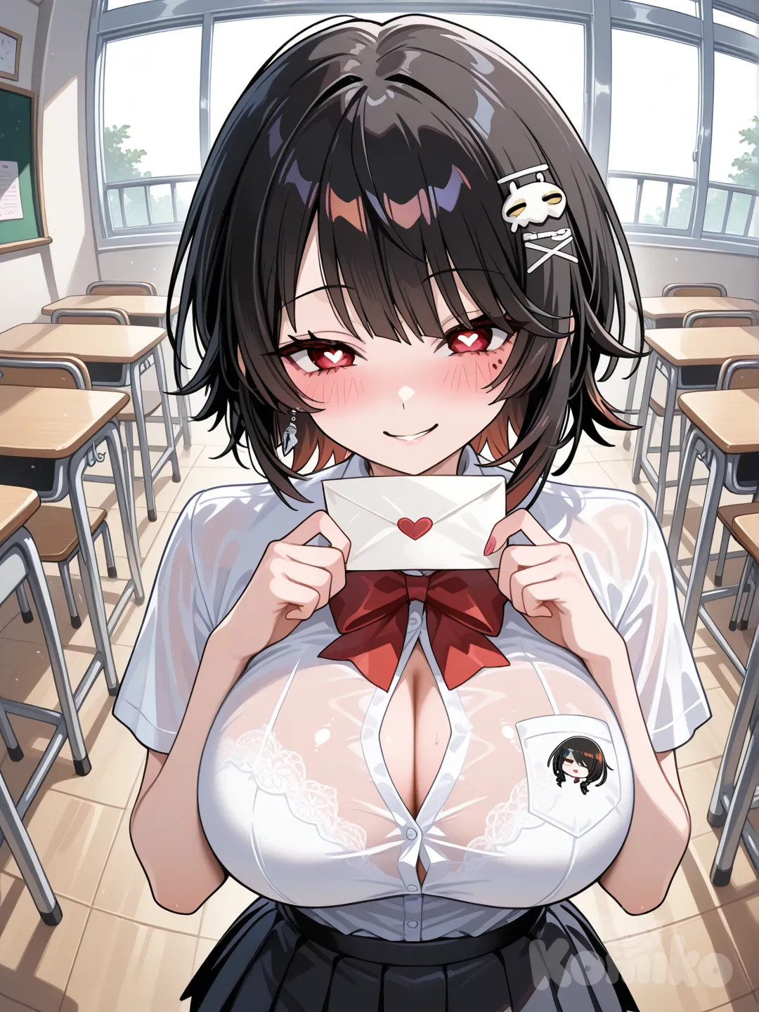 Tokisaki kurumi, Ellen Joe, adultas, con grandes pechos, en camisa transparente con un escote, con unas minifaldas, las dos declarándote su amor en la escuela, cartas de amor, mirada apasionada
