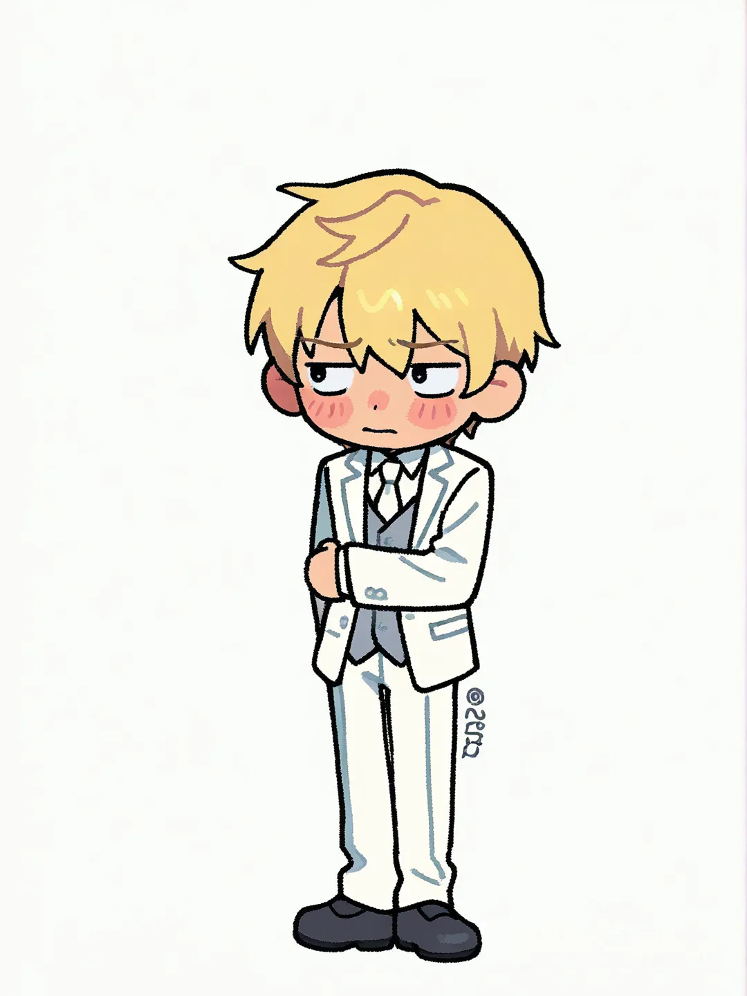 Solo, 1boy, Side view, from side, light-skinned_male, blush, embarrassed, looking_away, standing, tuxedo, suit_and_tie, blonde hair, 
[thick-outline-style], clean background, white background, full body