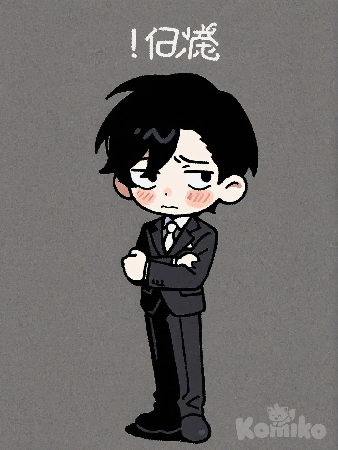 Solo, Side view, from side, light-skinned_male, blush, embarrassed, looking_away, standing, tuxedo, suit_and_tie, 
[thick-outline-style], clean background, white background, full body