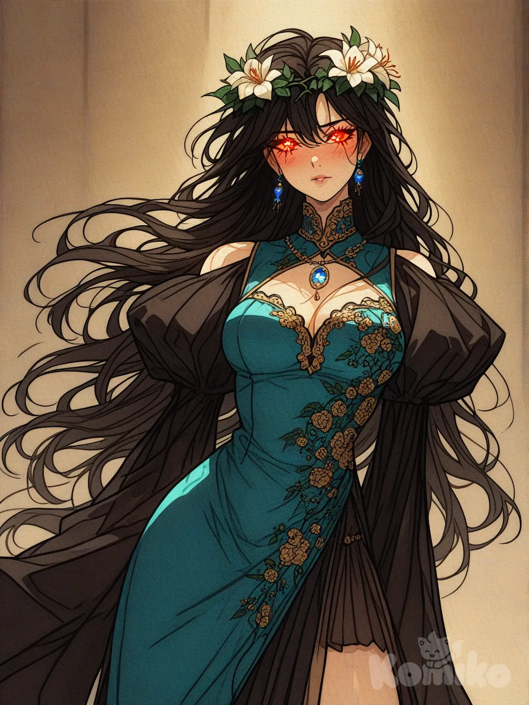 A beautiful young woman with long, flowing jet-black hair that reaches down past her waist, extremely silky hair with soft natural waves and subtle glossy highlights. She has striking heterochromia: left eye vivid emerald green, right eye deep ruby red, both eyes large, expressive, sparkling with gentle inner glow, irises, long thick eyelashes.

Fair flawless skin with soft natural blush on cheeks. Small, delicate facial features: small straight nose, full soft lips with light natural pink color, subtle innocent expression with a hint of mysterious calmness.

She wears an elaborate fantasy-Chinese-qipao inspired evening dress in deep midnight blue/teal tones with rich golden accents. The dress has:
- High mandarin collar
- Intricate golden embroidery and patterns of vines, leaves, and floral motifs
- Large open chest window with criss-cross golden chains and a large central sapphire/teal diamond-shaped gemstone pendant
- Ornate golden knotwork and rope-like decorative elements
- Layered petal-like ruffles and scalloped edges on the bodice
- Long detached bishop-style sleeves that are wide and flowing, ending in golden cuffs
- Asymmetrical skirt with multiple layers: darker underskirt, lighter translucent outer layers, golden floral embroidery cascading down

She wears a luxurious floral crown/headdress made of fresh green leaves, small white jasmine-like flowers, tiny green buds, and delicate vines that drape elegantly around her head and slightly over her hair.

Additional accessories:
- Long dangling earrings with small green leaves and tiny blue gem drops
- Delicate golden necklace chain with another prominent blue gemstone
- Subtle body shimmer and soft ethereal glow, [action-manga-style]