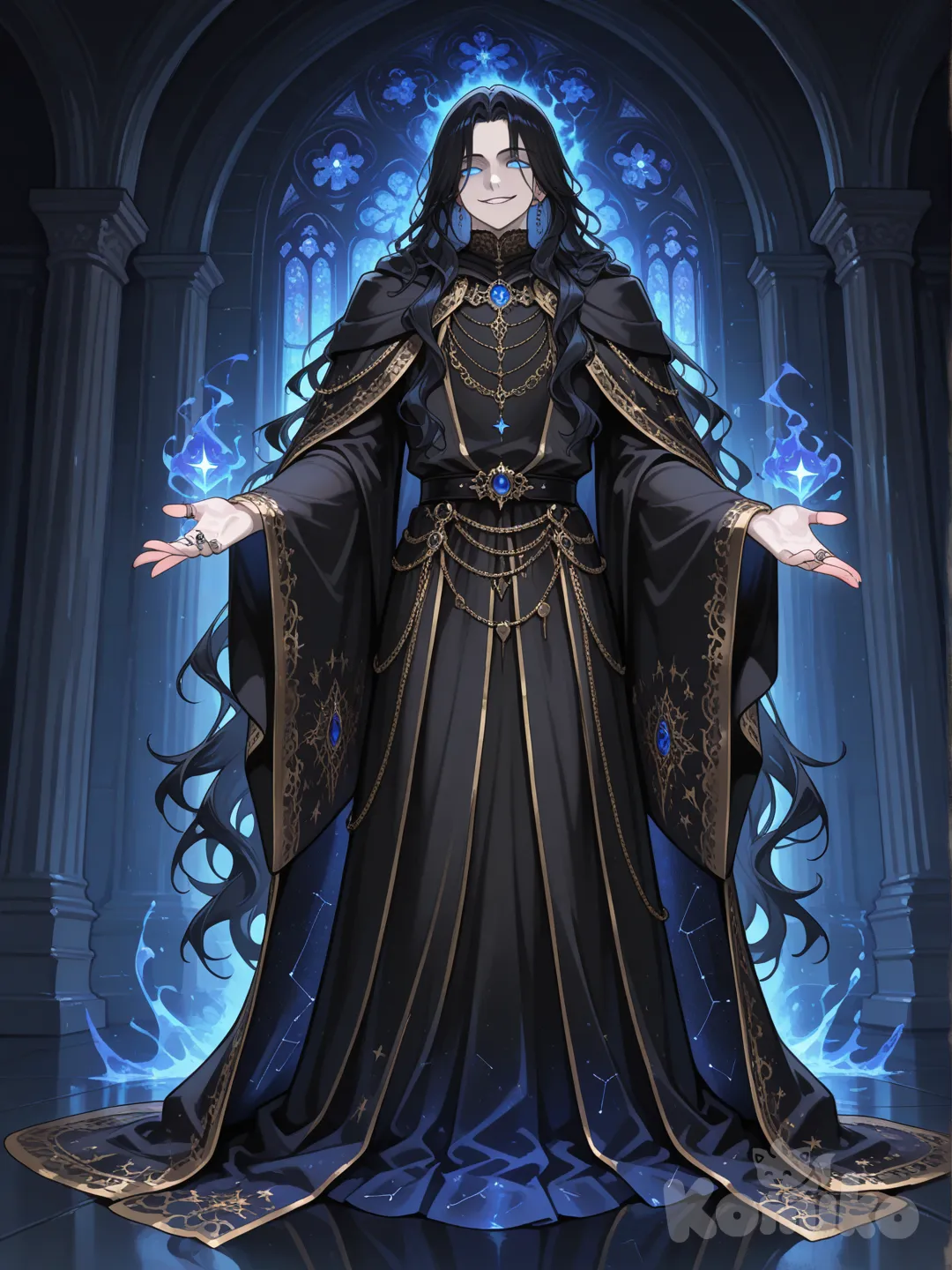 He stands as a figure carved from midnight and molten gold, a man whose very presence seems to drink the light around him. His hair falls in glossy, ink-black waves to just past his shoulders, framing a face of cold, aristocratic beauty — sharp cheekbones, a straight aristocratic nose, and lips that rest in a permanent state of subtle, knowing disdain. His eyes are the most striking feature: glacial silver-blue, luminous with an almost unnatural inner light, like twin moons caught in a storm. They pierce rather than look, carrying the weight of centuries of secrets even though he appears no older than twenty-eight.

He wears the black-and-antique-gold magisterial robes of a high archon of the Obsidian Court with effortless, predatory elegance. The heavy cloak cascades like spilled liquid shadow, its inner lining woven with faint constellations of silver thread that shimmer only when he moves. Multiple ornate chains of blackened gold drape across his chest — each bearing ancient moonstone cabochons, opalescent pearls the size of quail eggs, and one massive, pale star-sapphire that seems to breathe faintly against his sternum. His long fingers, elegant yet capable of terrible violence, are never without at least one ring bearing a dark gem that appears to drink in surrounding light.

There is always something slightly too perfect about him: too still when he stands, too fluid when he moves, too quiet when he speaks — his voice low, cultured, and carrying the dangerous velvet timbre of someone who has never needed to shout to be obeyed. The air around Veyris feels heavier, cooler, tinged with the faint scent of old libraries, ozone after lightning, and something metallic, like blood just beneath snow.

To look upon him is to understand that beauty and dread can wear the same face — and that this particular face has long since decided which one it prefers to show the world.