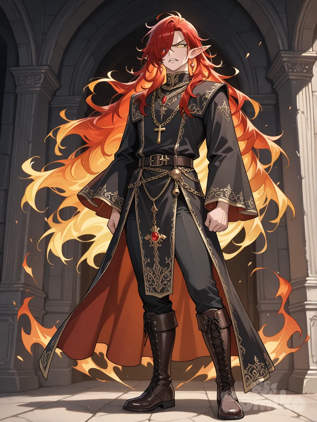 The character stands with an aura of restrained intensity, his long, wild mane of vivid crimson hair blazing like molten fire caught mid-eruption, the strands spiking upward and cascading in chaotic, untamed waves down past his shoulders and midway down his back. His pointed elven ears peek sharply through the fiery locks, adorned with dangling crimson gemstone earrings that sway gently like drops of blood. Those striking golden eyes—molten amber with vertical pupils—burn with a mixture of aristocratic disdain, barely-contained ferocity, and something ancient and sorrowful lurking beneath the surface. His features are sharp and elegantly cruel: high cheekbones, a straight aristocratic nose, thin lips set in a perpetual faint scowl, and a strong jawline that speaks of both elven grace and warrior lineage.

He is dressed in opulent yet martial finery that blends dark nobility with subtle menace. The base is a fitted high-collared black tunic of rich, matte fabric, almost absorbing light, over which drapes an extraordinarily long, flowing outer robe in deepest midnight with intricate golden-bronze filigree embroidery that curls like living vines or arcane sigils along the hems, cuffs, and wide bell sleeves. The robe is split high on both sides for mobility, revealing glimpses of fitted black trousers and knee-high boots of polished dark leather with subtle metallic accents. Heavy golden chains rest across his chest, supporting an elaborate, almost reliquary-like amulet featuring a massive, faceted blood-red garnet that seems to pulse faintly with inner light, surrounded by an ornate cross-shaped setting encrusted with smaller blackened gold filigree and tiny dark jewels. Numerous smaller pendants and medallions dangle from various chains, suggesting a collector of powerful, possibly cursed artifacts.

Everything about him—his posture, the way flames seem to dance in his shadow, the faint scent of smoke and old incense that clings to him—radiates the impression of a proud, dangerous highborn fire-wielder, perhaps an exiled prince, a fallen mage-lord, or a half-forgotten scion of an ancient infernal bloodline, forever caught between regal composure and barely-leashed apocalyptic wrath.