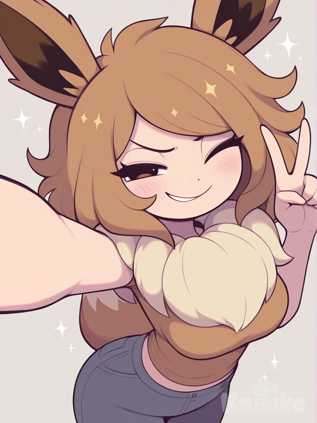 @Eevee, 1girl, [pop-toon-style], selfie, smirk, one eye closed, from above, medium breasts, sparkle, peace sign