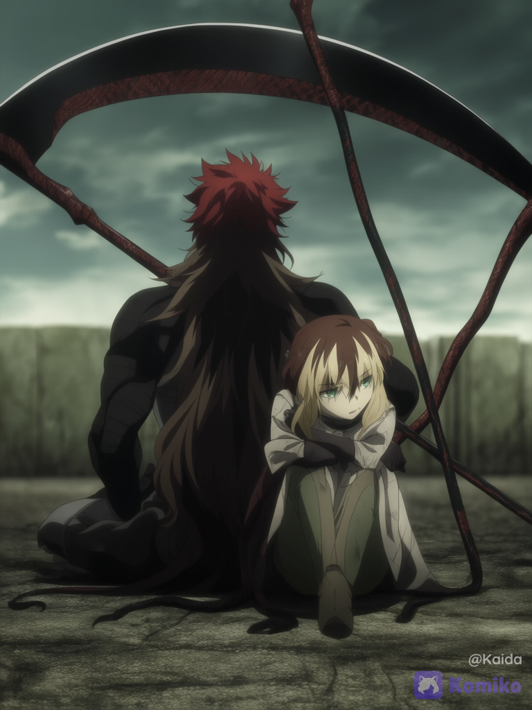 fate anime style character, heroic pose, anime art, epic scene, 1boy, 1girl, 2people, .
The girl has red hair with black, white highlights, green eyes and has a grunge style. She is an assassin and has a double sided scythe as weapon whicha re snake inspired.
The boy has a messily styled mullet, dark brown hair with blonde highlights, a grunge ish style and is also and assassin, depth of field, looking at viewer, blurred background, sitting on the ground, head tilt, looking away, back to back